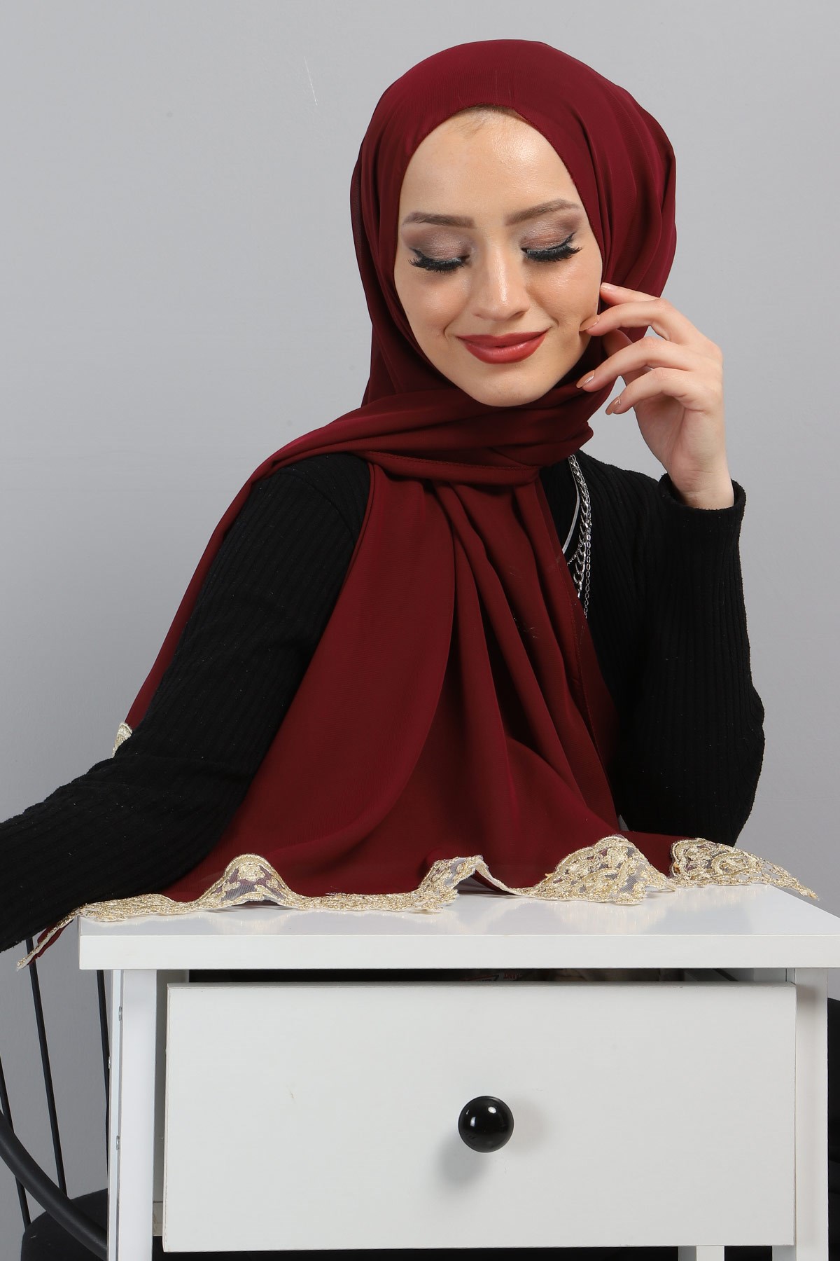 Dantelli Şifon Şal Bordo 3014