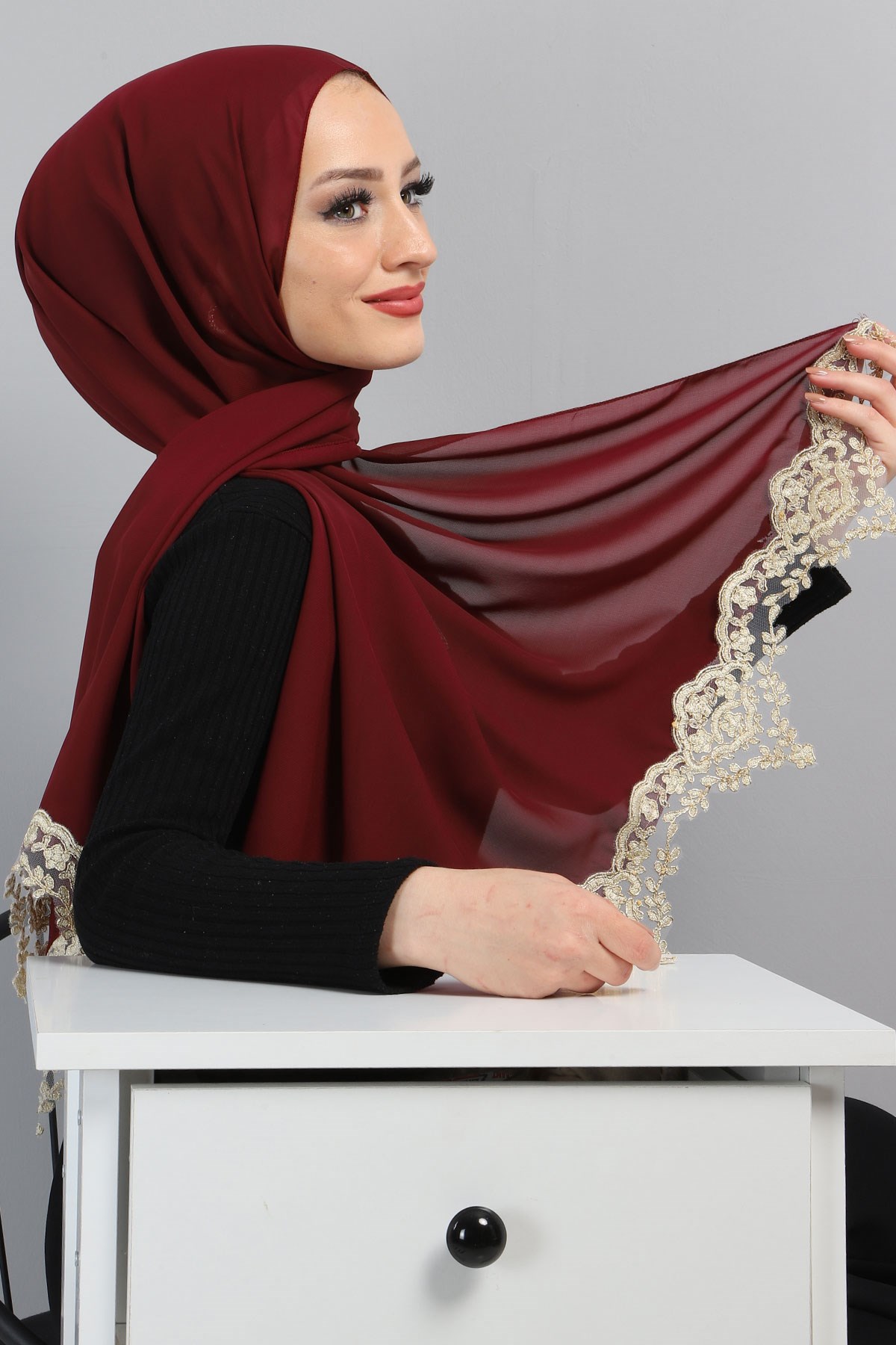 Dantelli Şifon Şal Bordo 3014