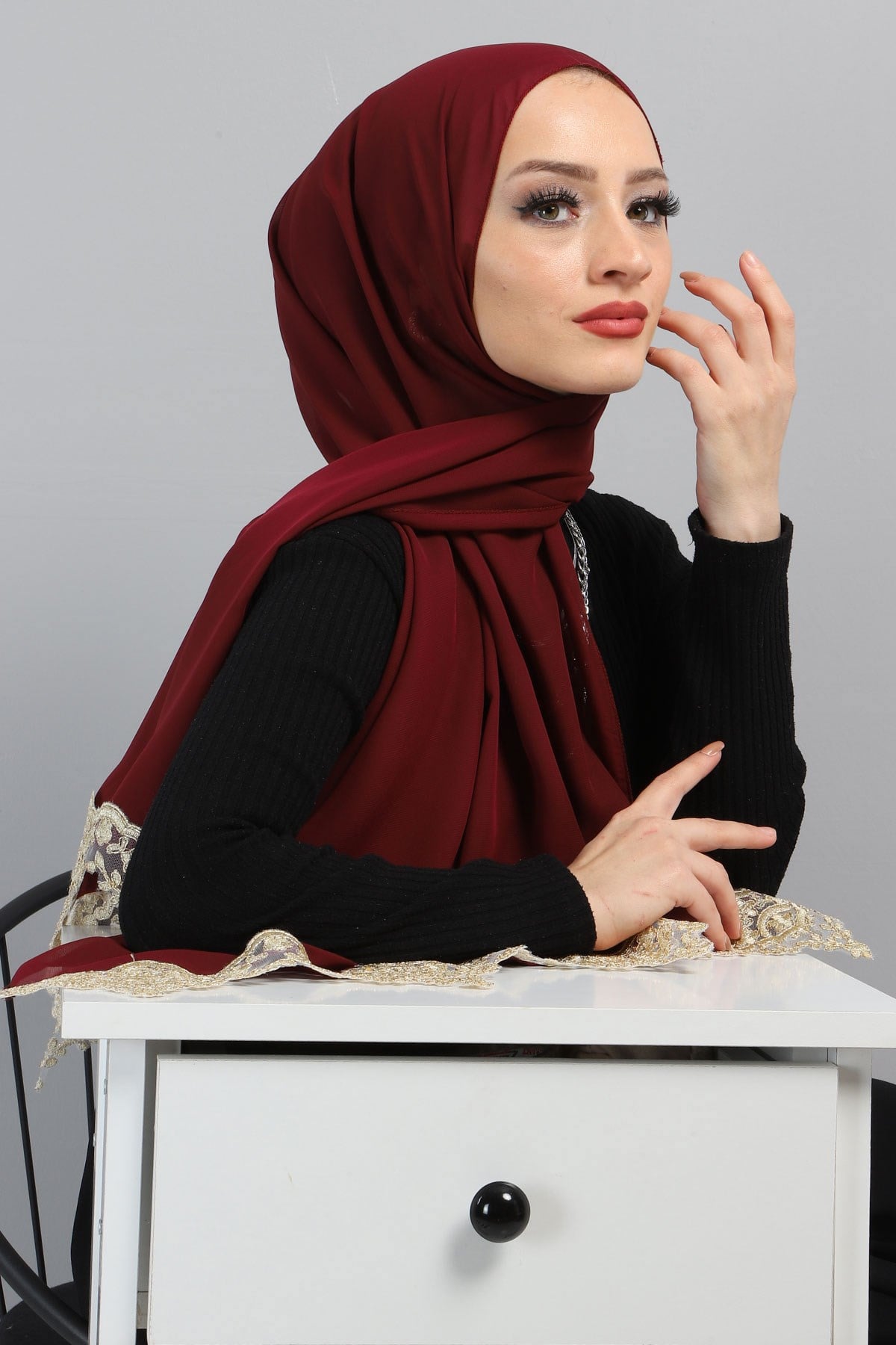 Dantelli Şifon Şal Bordo 3014