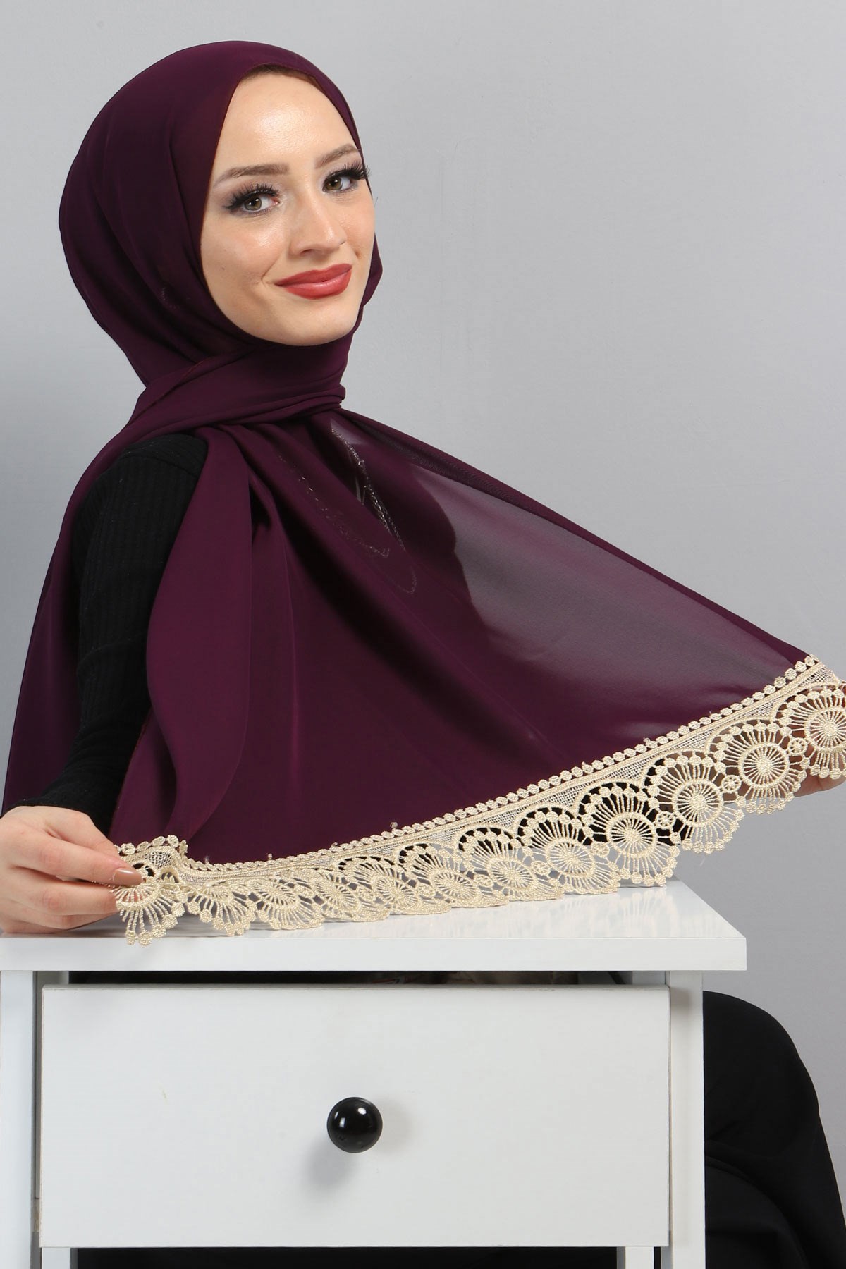 Dantelli Şifon Şal Mor 3014
