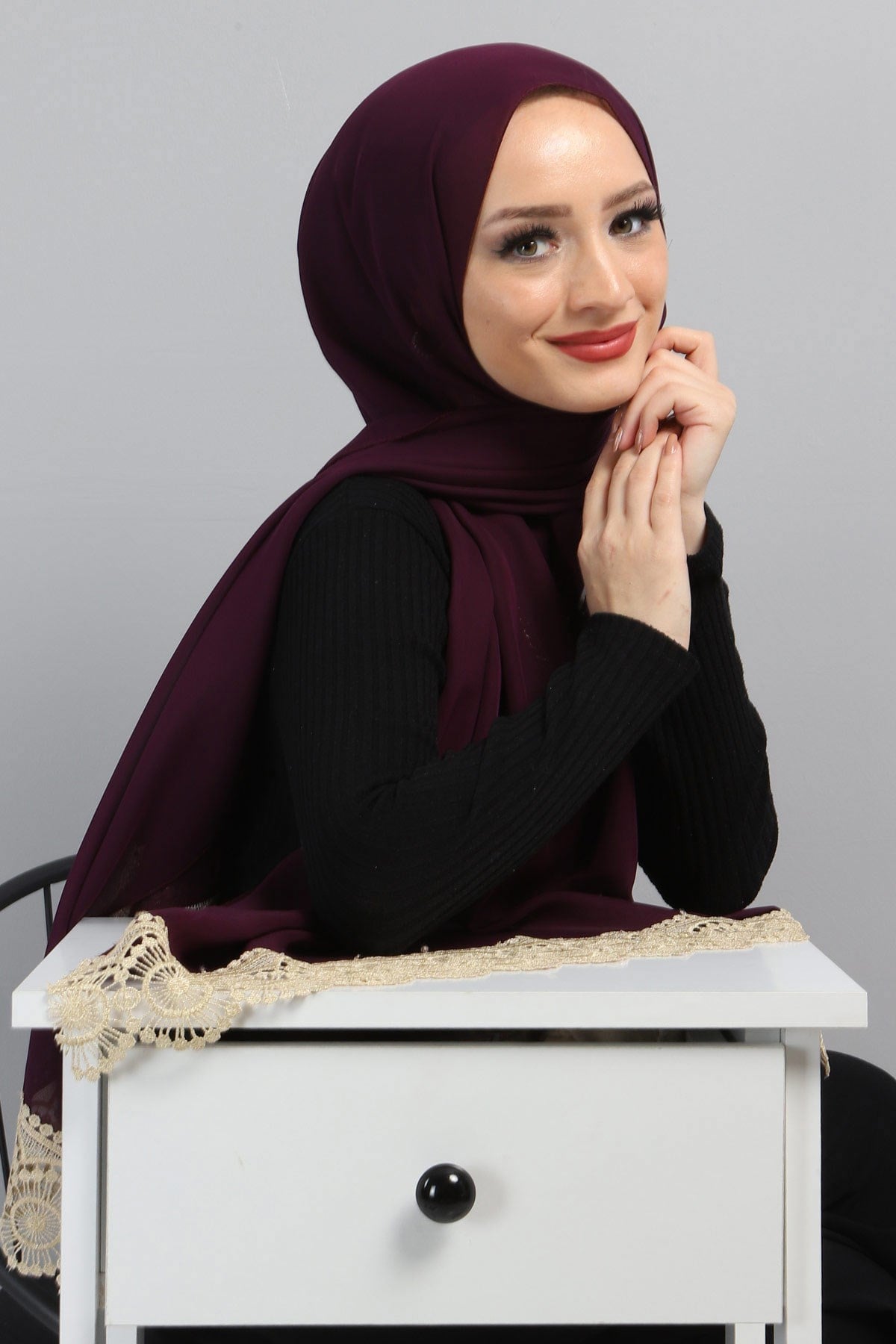 Dantelli Şifon Şal Mor 3014