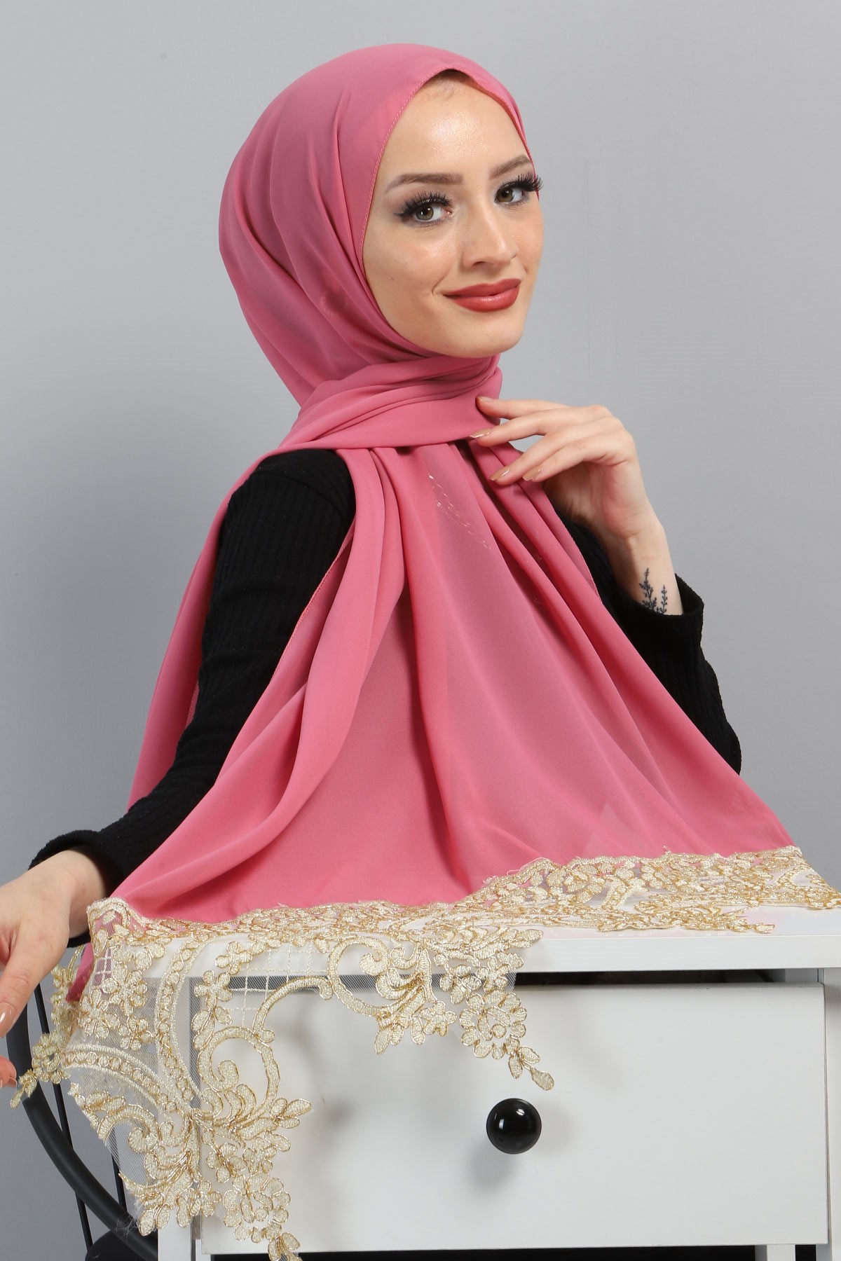 Dantelli Şifon Şal Pudra 3014
