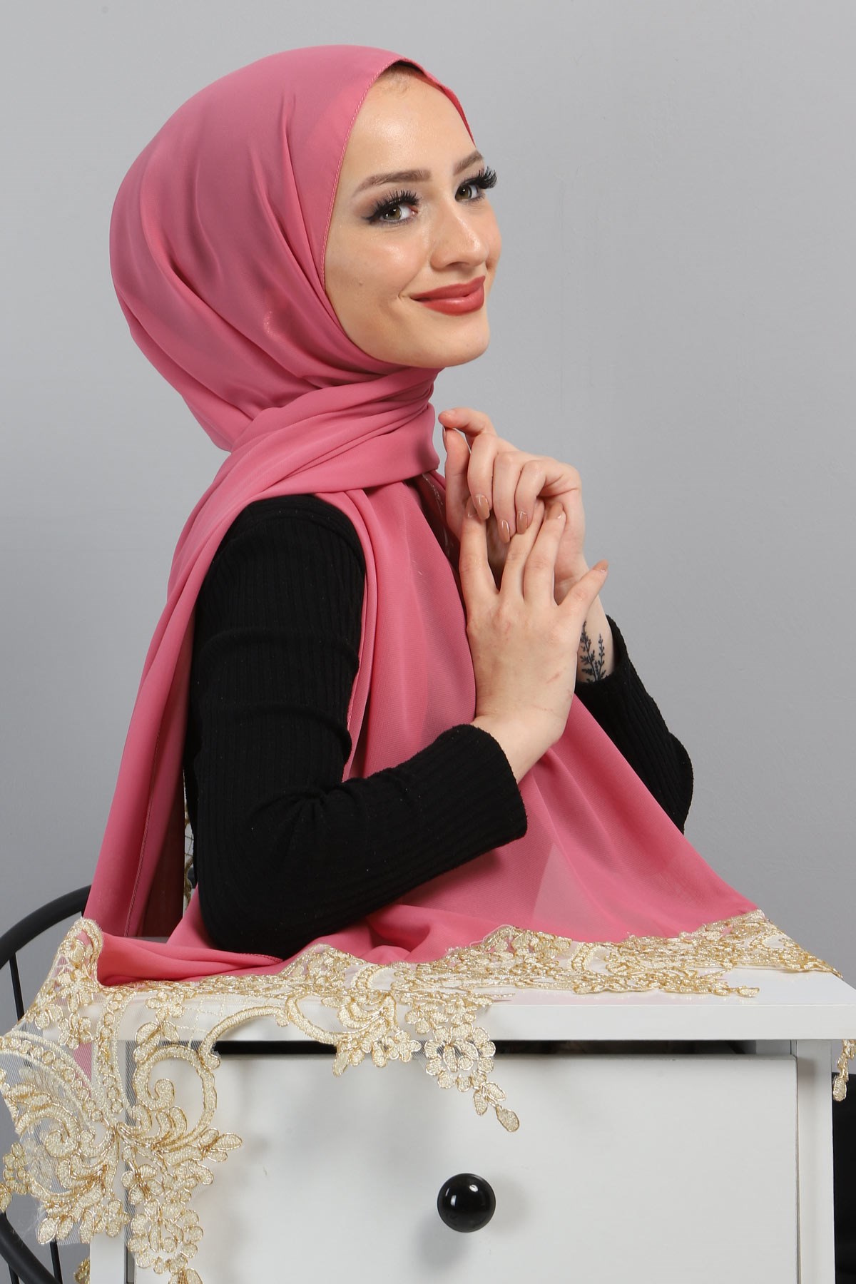 Dantelli Şifon Şal Pudra 3014