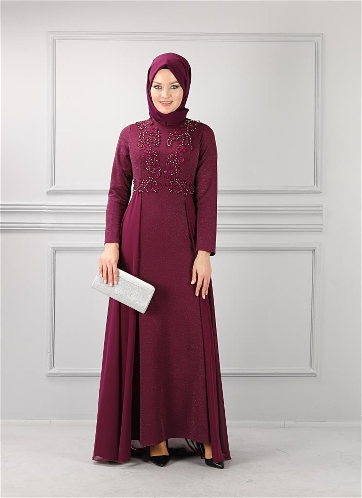 Dantelli Simli Tesettür Elbise Mürdüm Mürdüm 8953-3