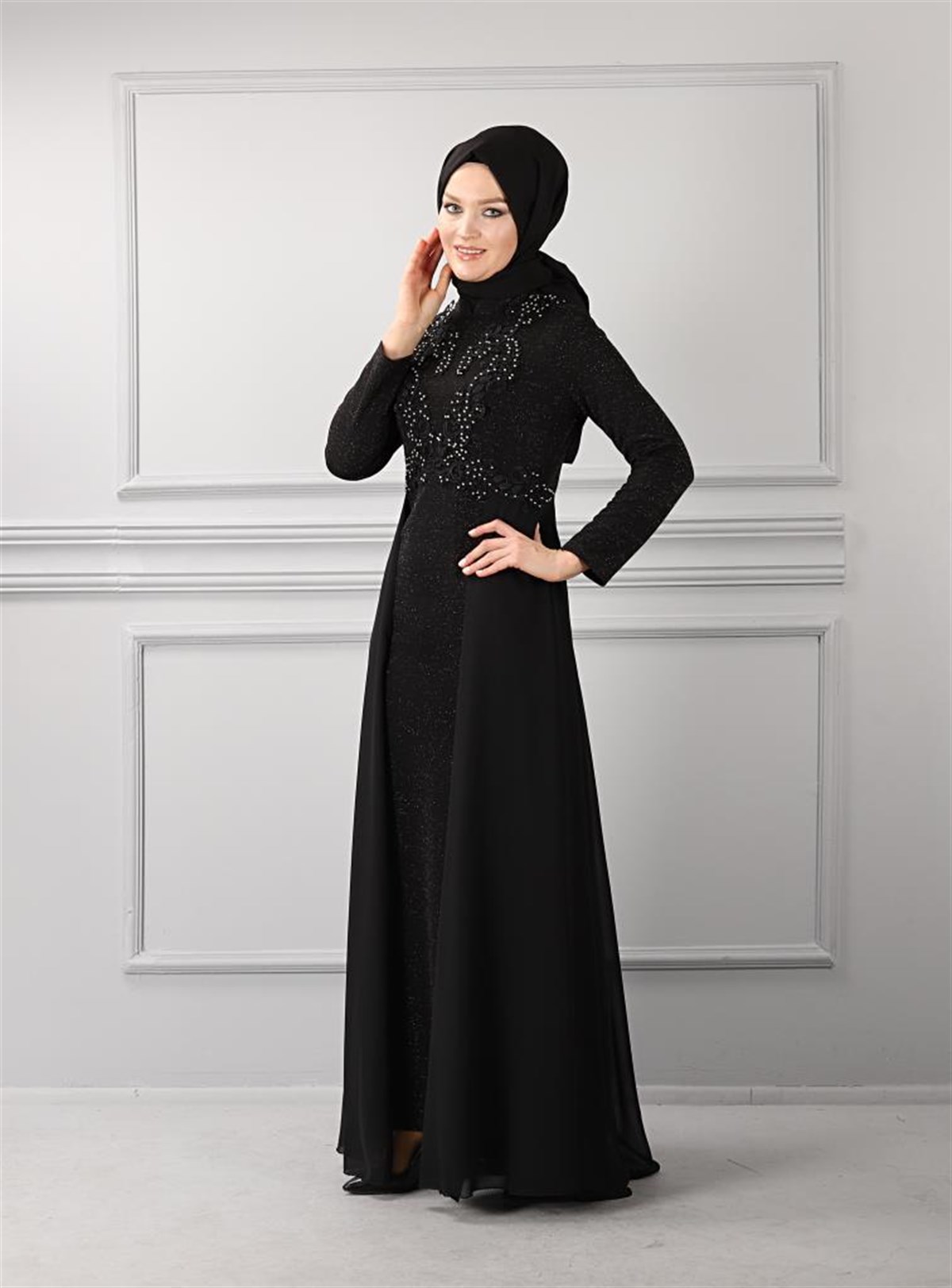 Dantelli Simli Tesettür Elbise Siyah Siyah 8953-2