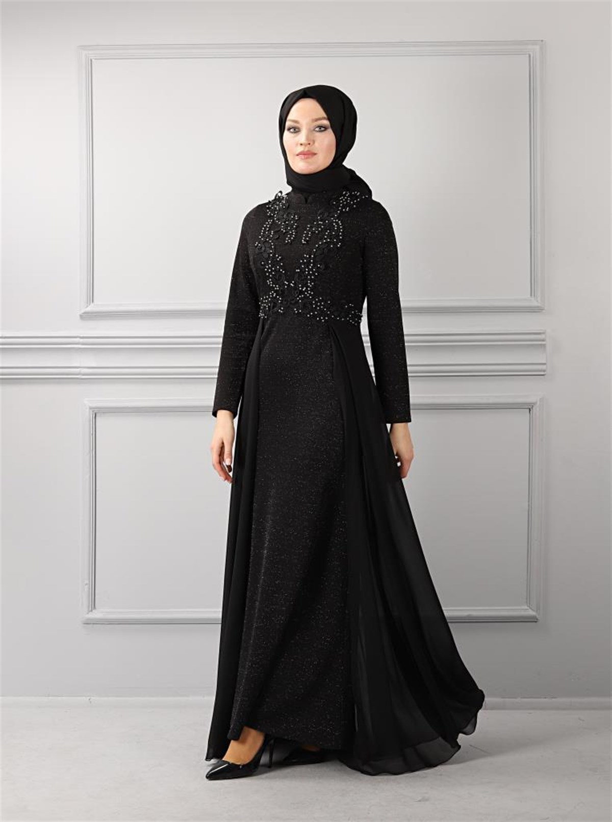 Dantelli Simli Tesettür Elbise Siyah Siyah 8953-2