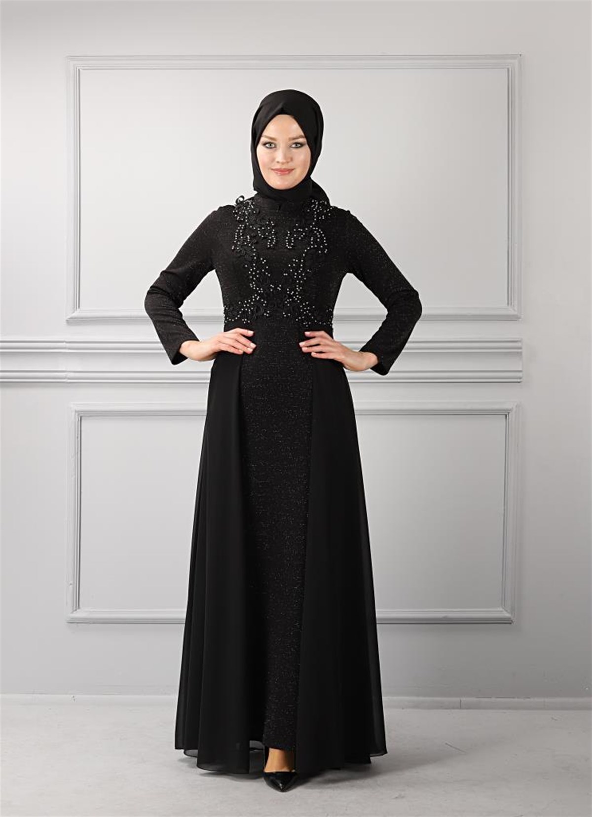 Dantelli Simli Tesettür Elbise Siyah Siyah 8953-2
