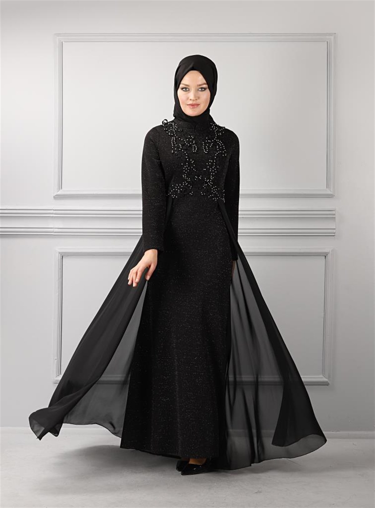 Dantelli Simli Tesettür Elbise Siyah Siyah 8953-2