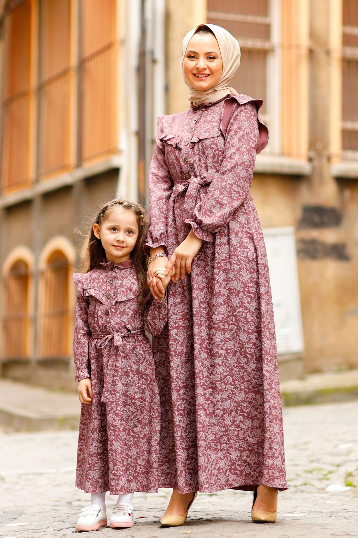 Desenli Fırfırlı Anne Elbise Lila 10694