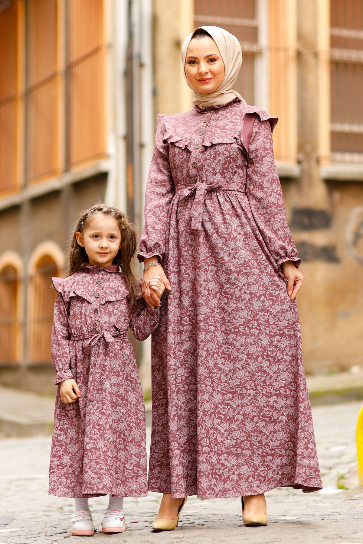 Desenli Fırfırlı Anne Elbise Lila 10694