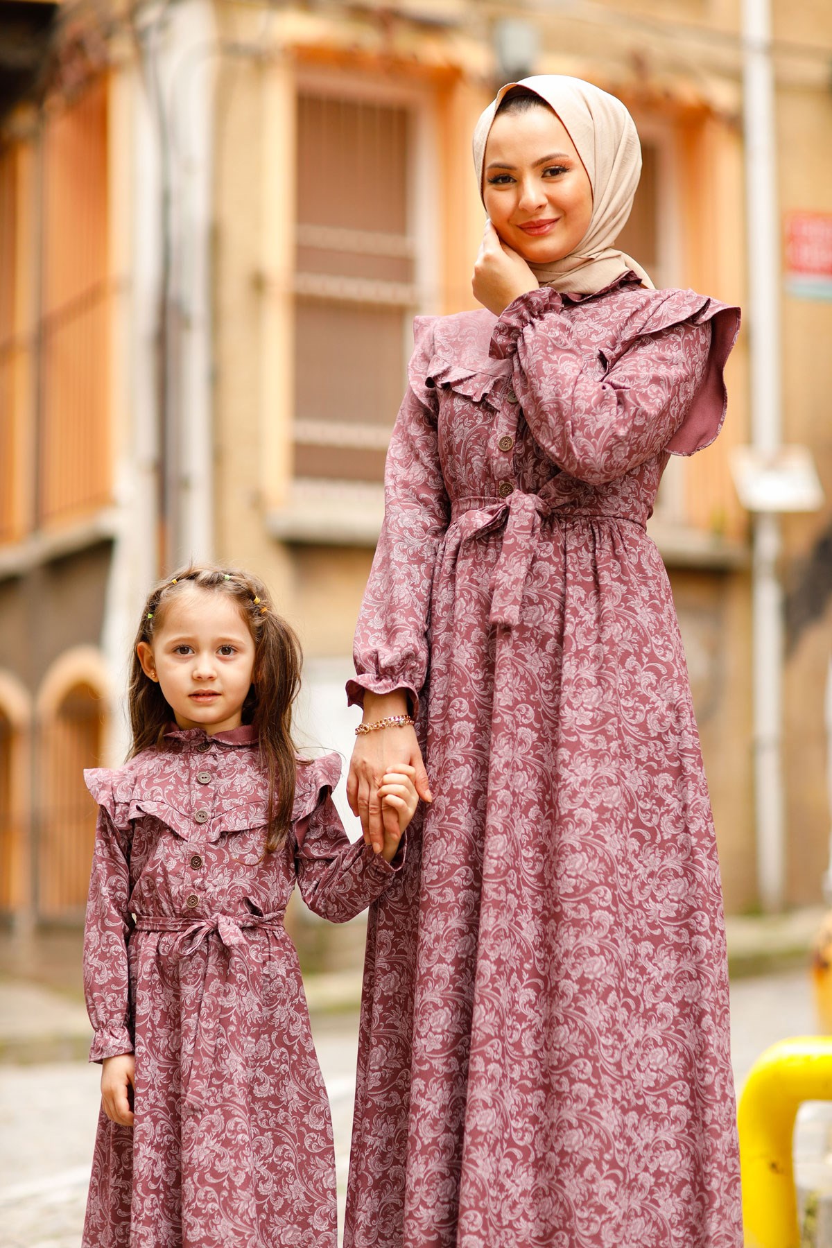 Desenli Fırfırlı Anne Elbise Lila 10694