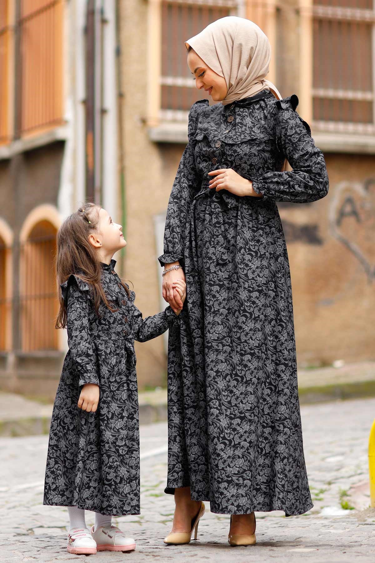 Desenli Fırfırlı Çocuk Elbise Siyah 10685