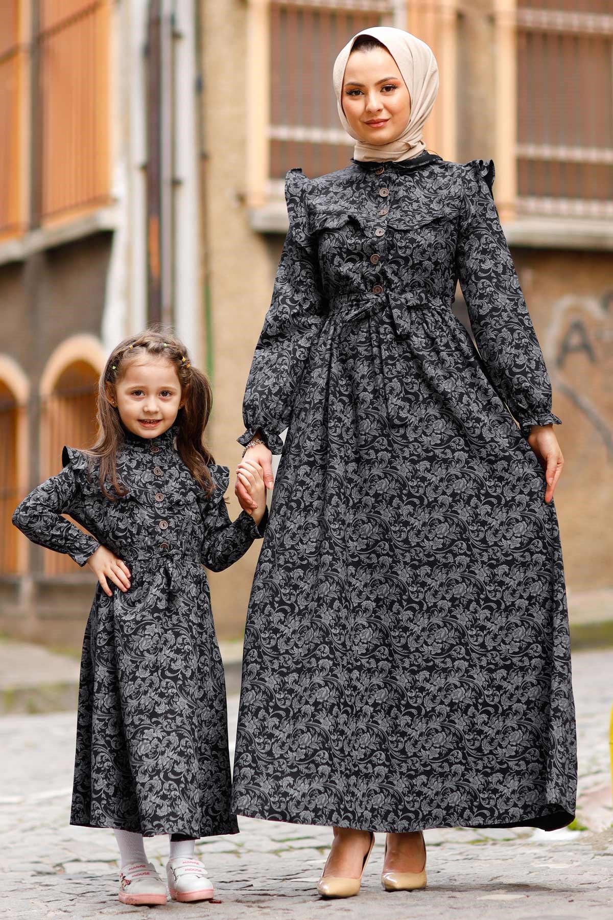 Desenli Fırfırlı Çocuk Elbise Siyah 10685