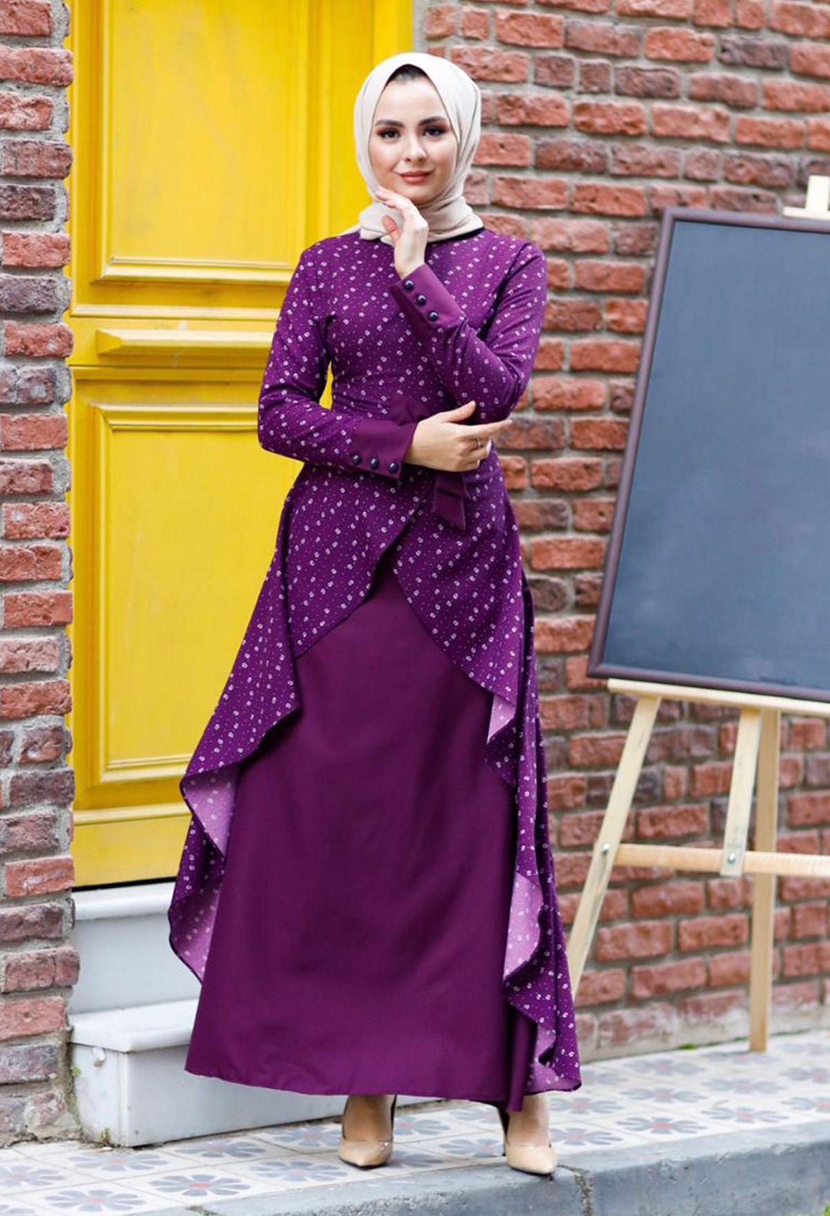 Desenli Fiyonklu Tesettür Elbise Mürdüm 8790-8