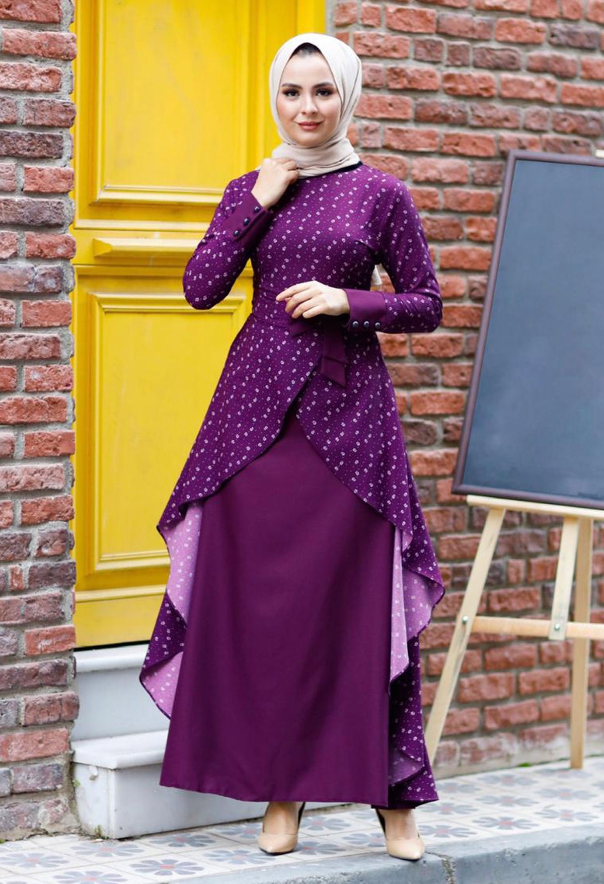 Desenli Fiyonklu Tesettür Elbise Mürdüm 8790-8