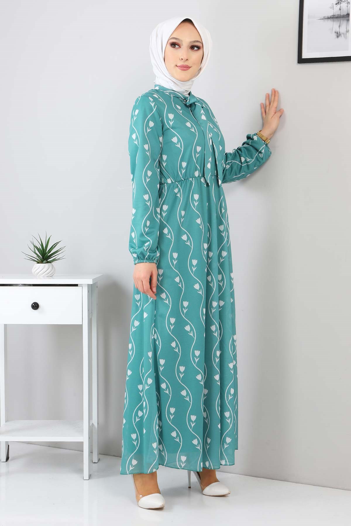 Desenli Fularlı Elbise Mint 12800