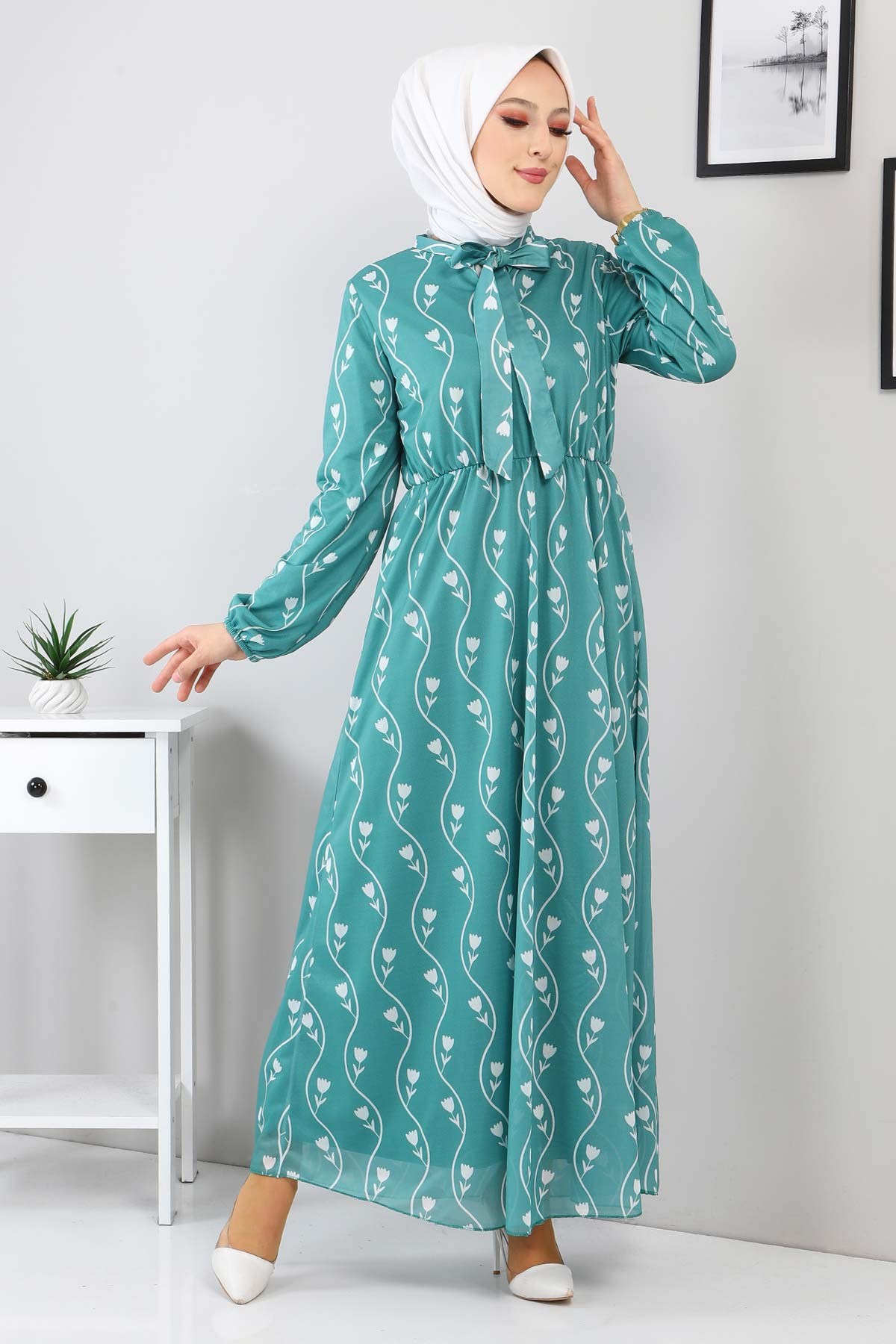 Desenli Fularlı Elbise Mint 12800