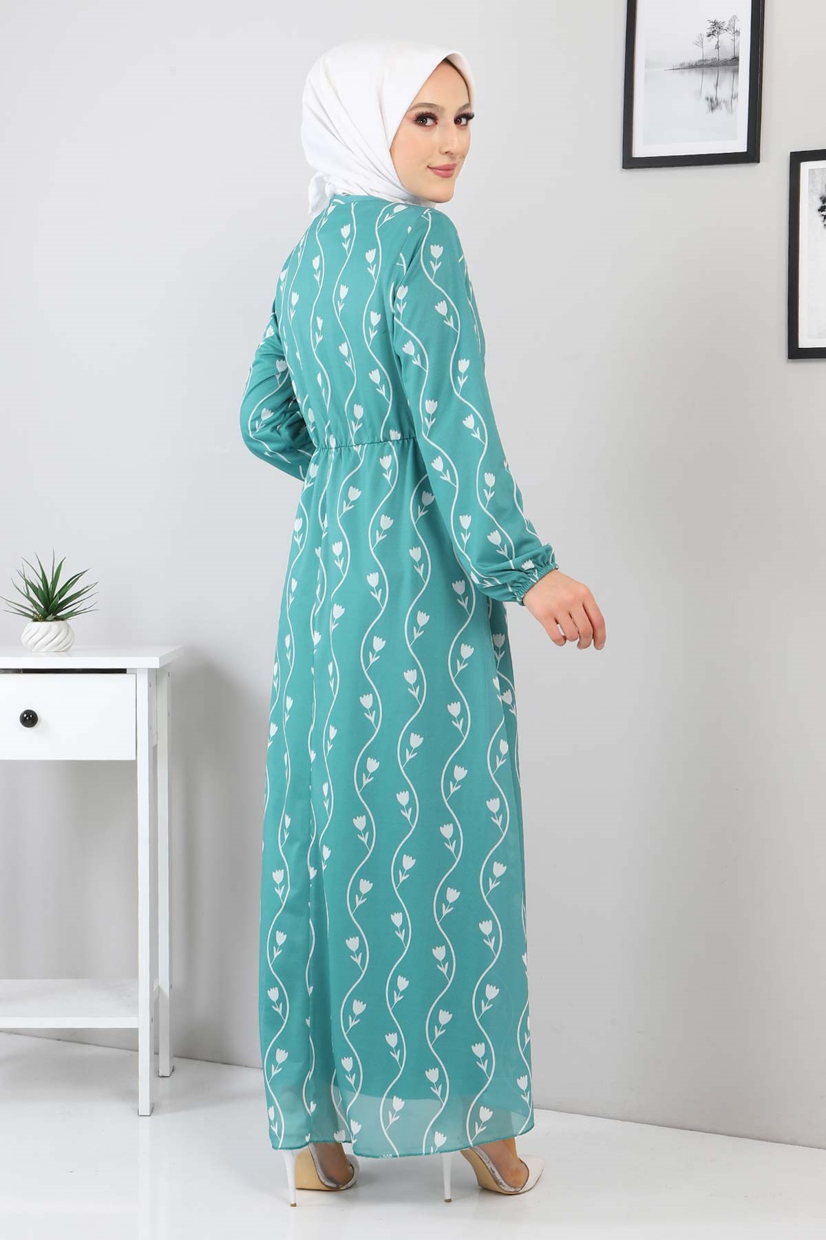 Desenli Fularlı Elbise Mint 12800