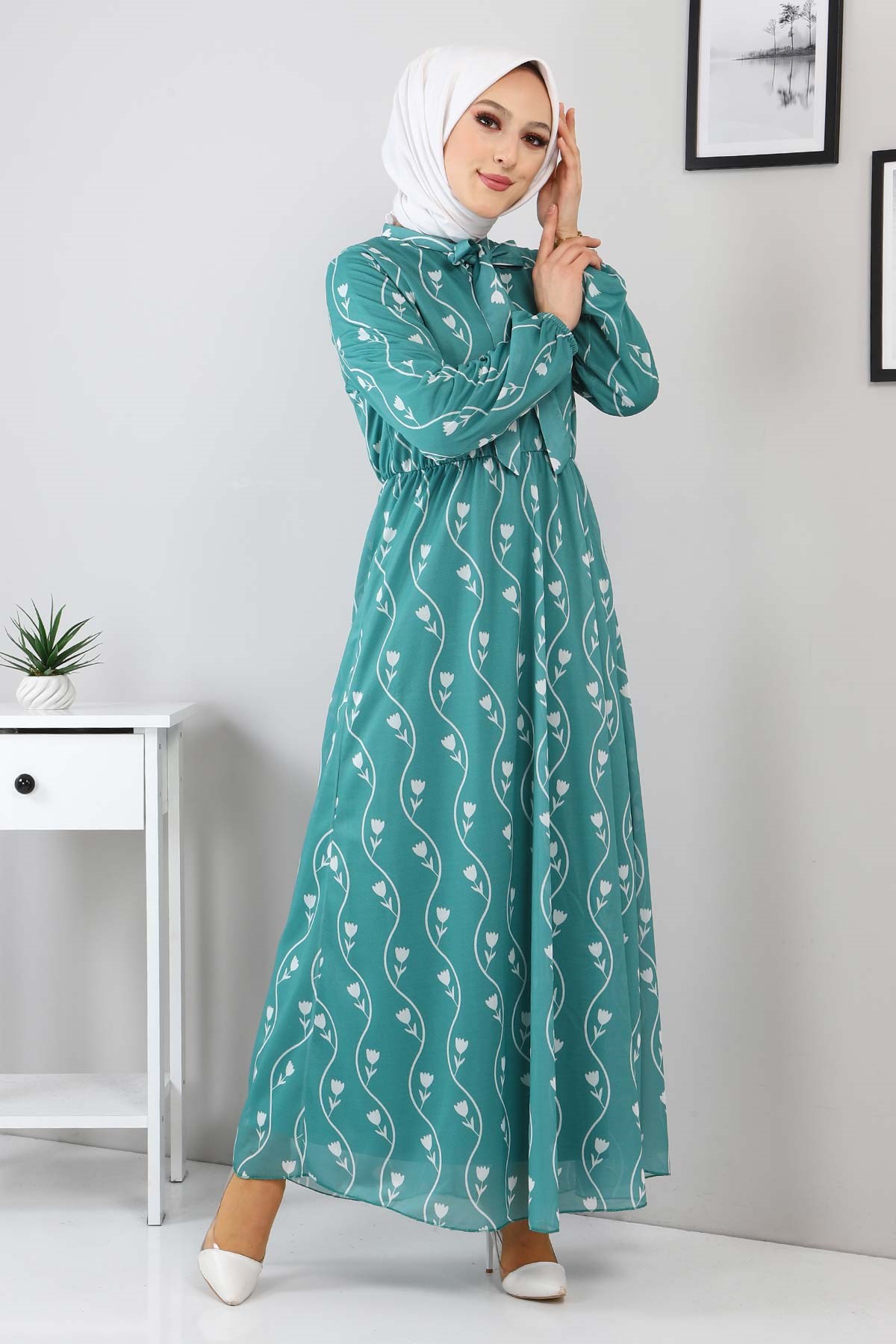 Desenli Fularlı Elbise Mint 12800