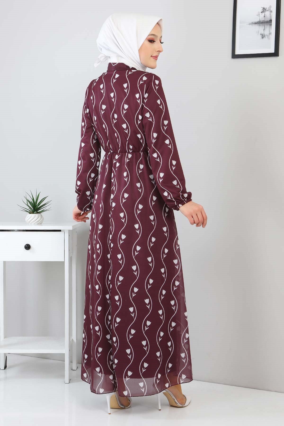 Desenli Fularlı Elbise Mürdüm 12800