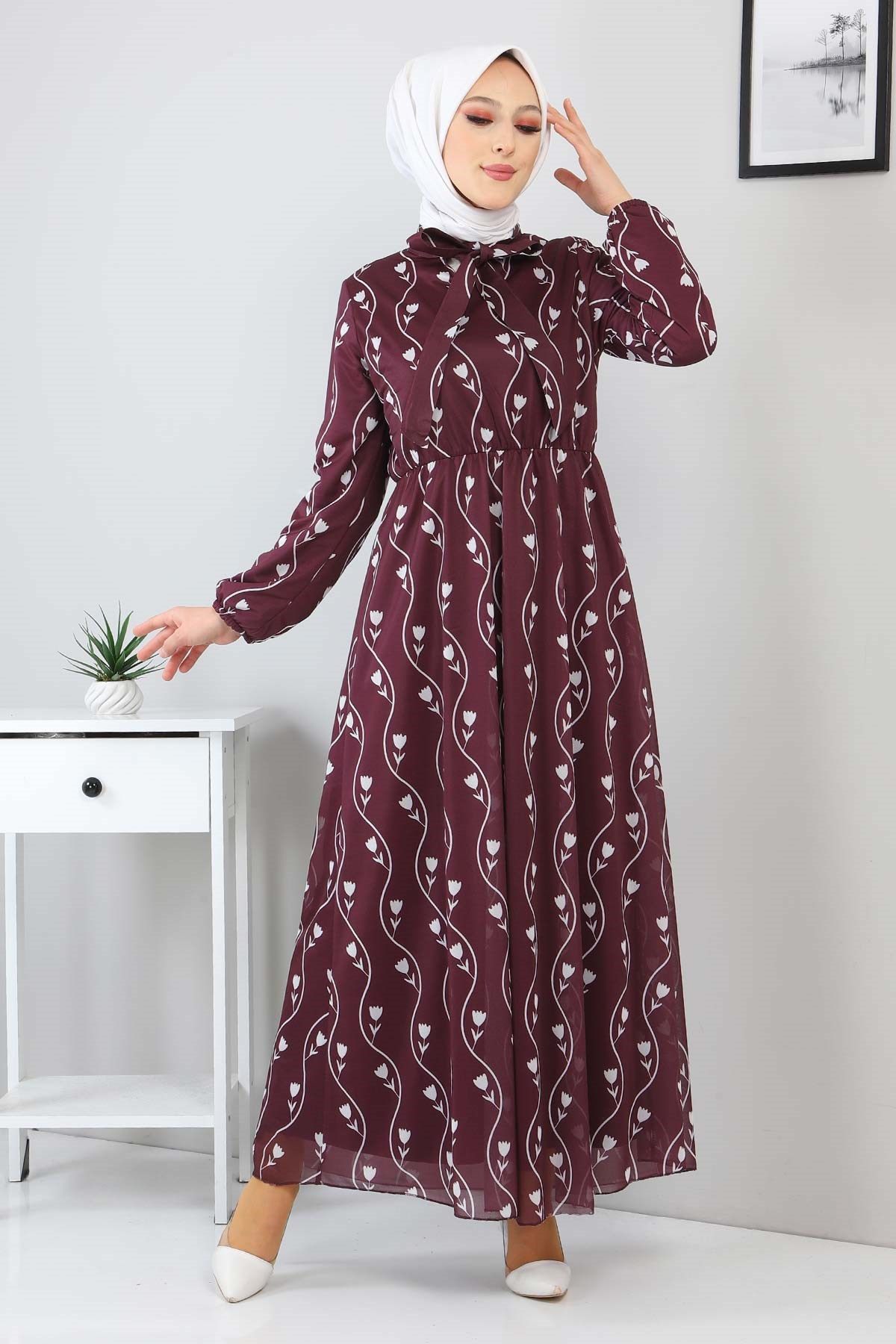 Desenli Fularlı Elbise Mürdüm 12800