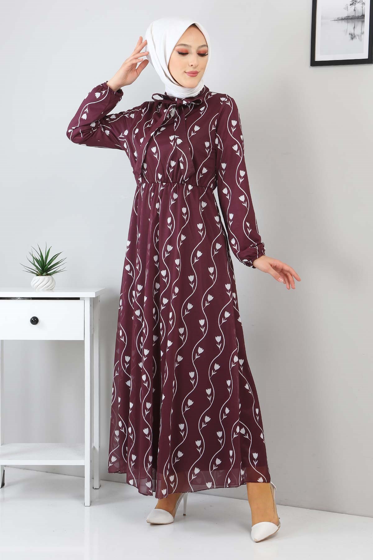 Desenli Fularlı Elbise Mürdüm 12800
