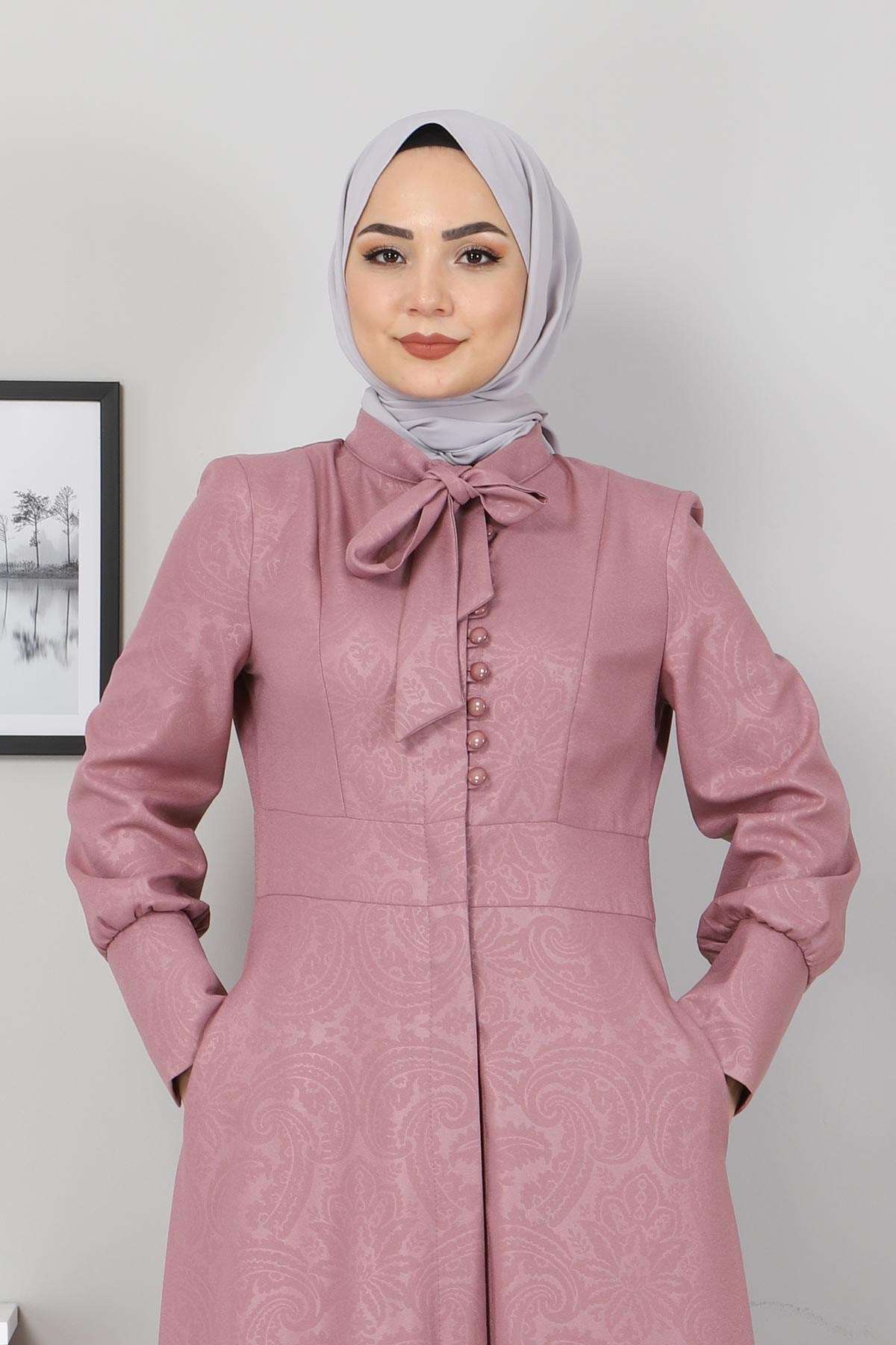 Desenli Fularlı Tesettür Elbise Gül Kurusu 10110