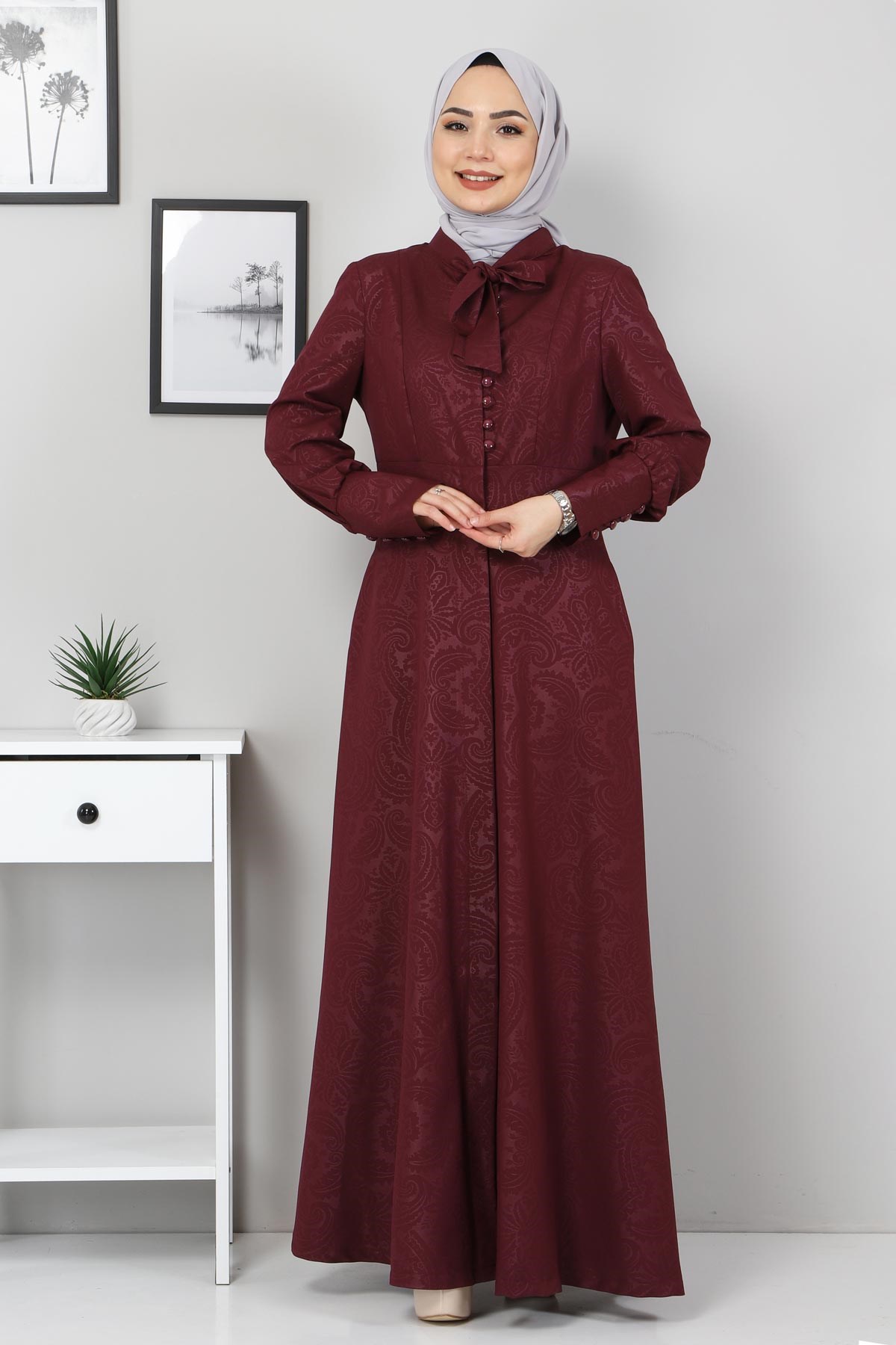 Desenli Fularlı Tesettür Elbise Mürdüm 10110