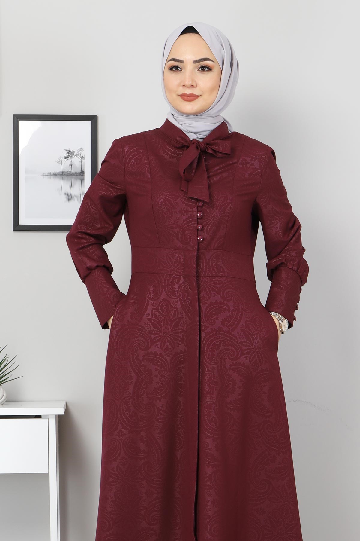 Desenli Fularlı Tesettür Elbise Mürdüm 10110