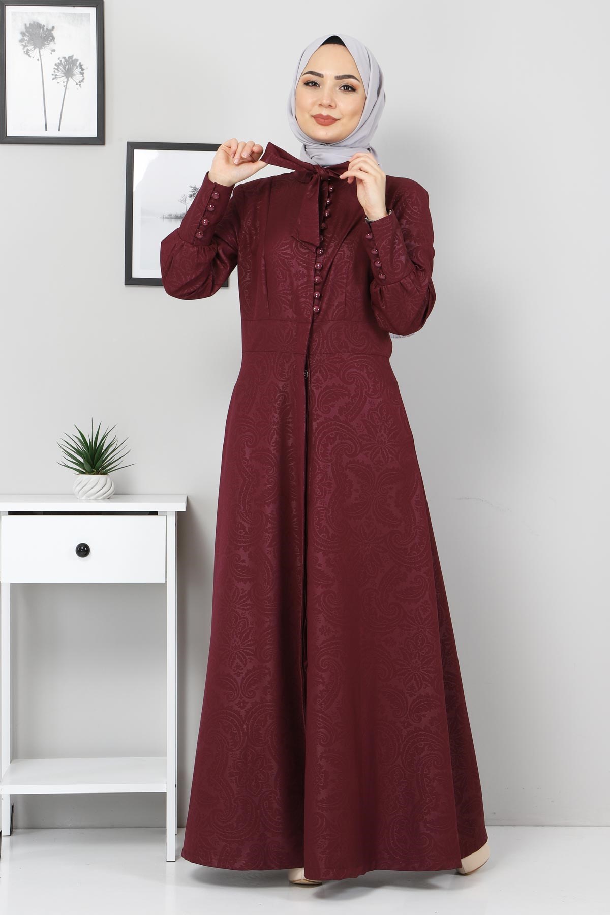 Desenli Fularlı Tesettür Elbise Mürdüm 10110