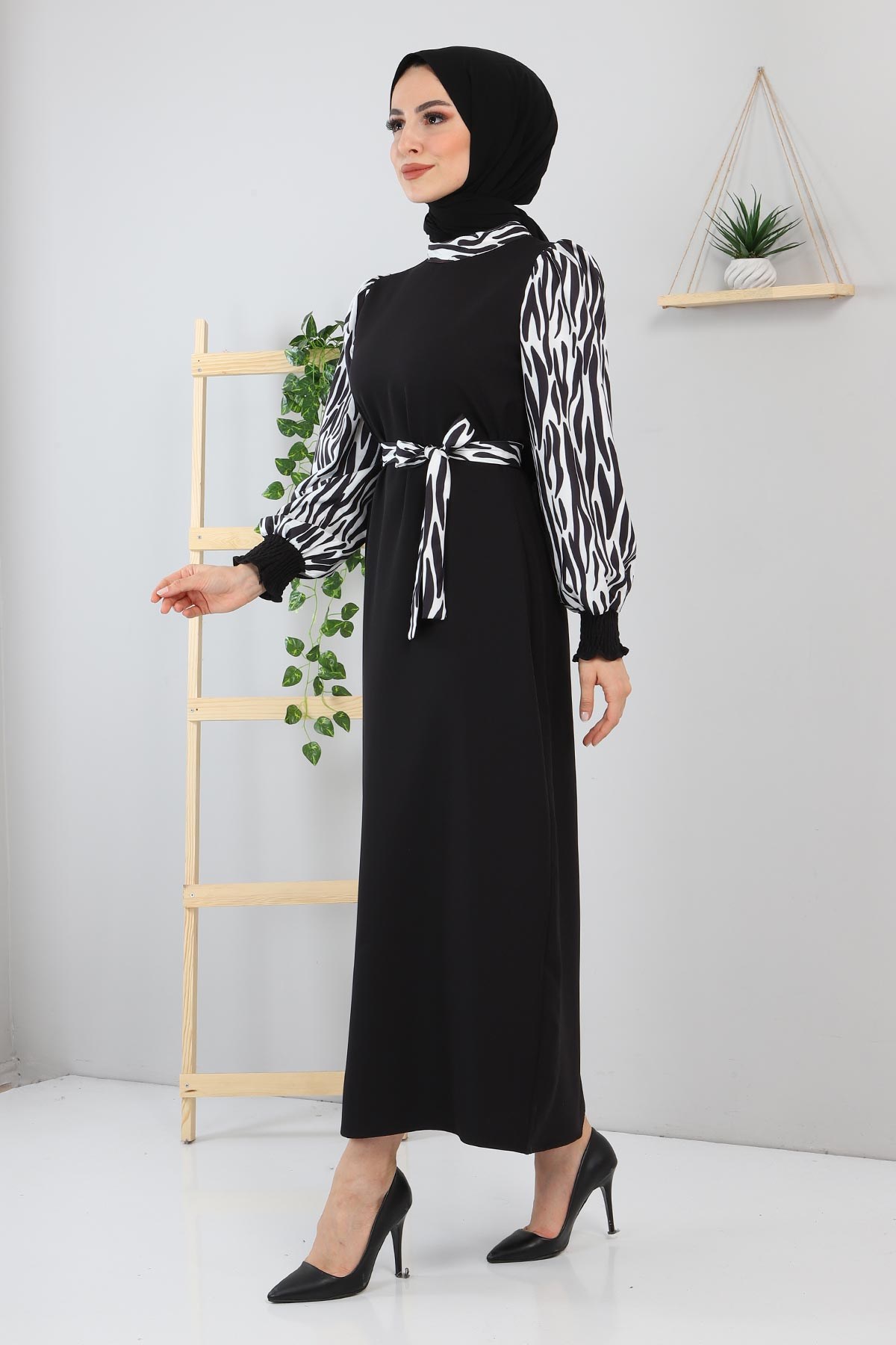 Desenli Kemerli Elbise Siyah 12300