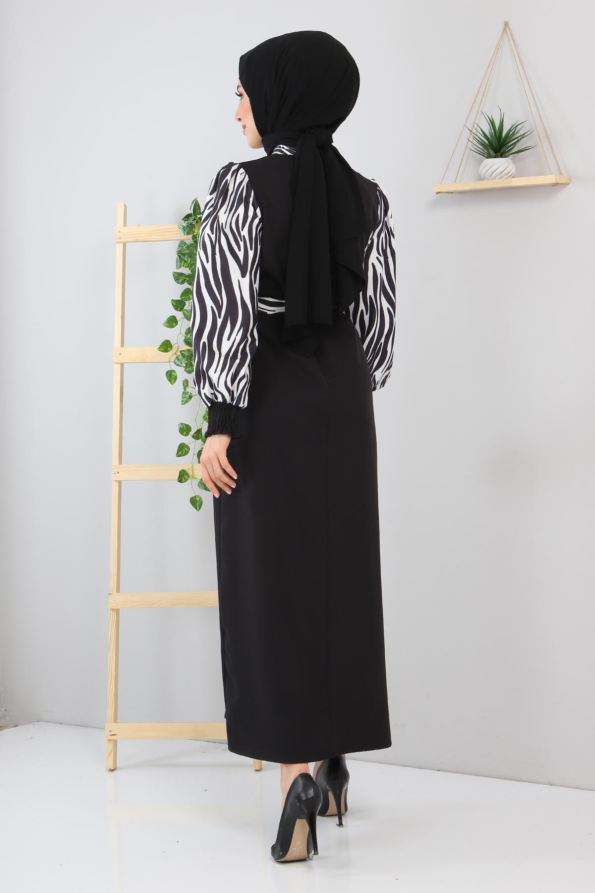 Desenli Kemerli Elbise Siyah 12300