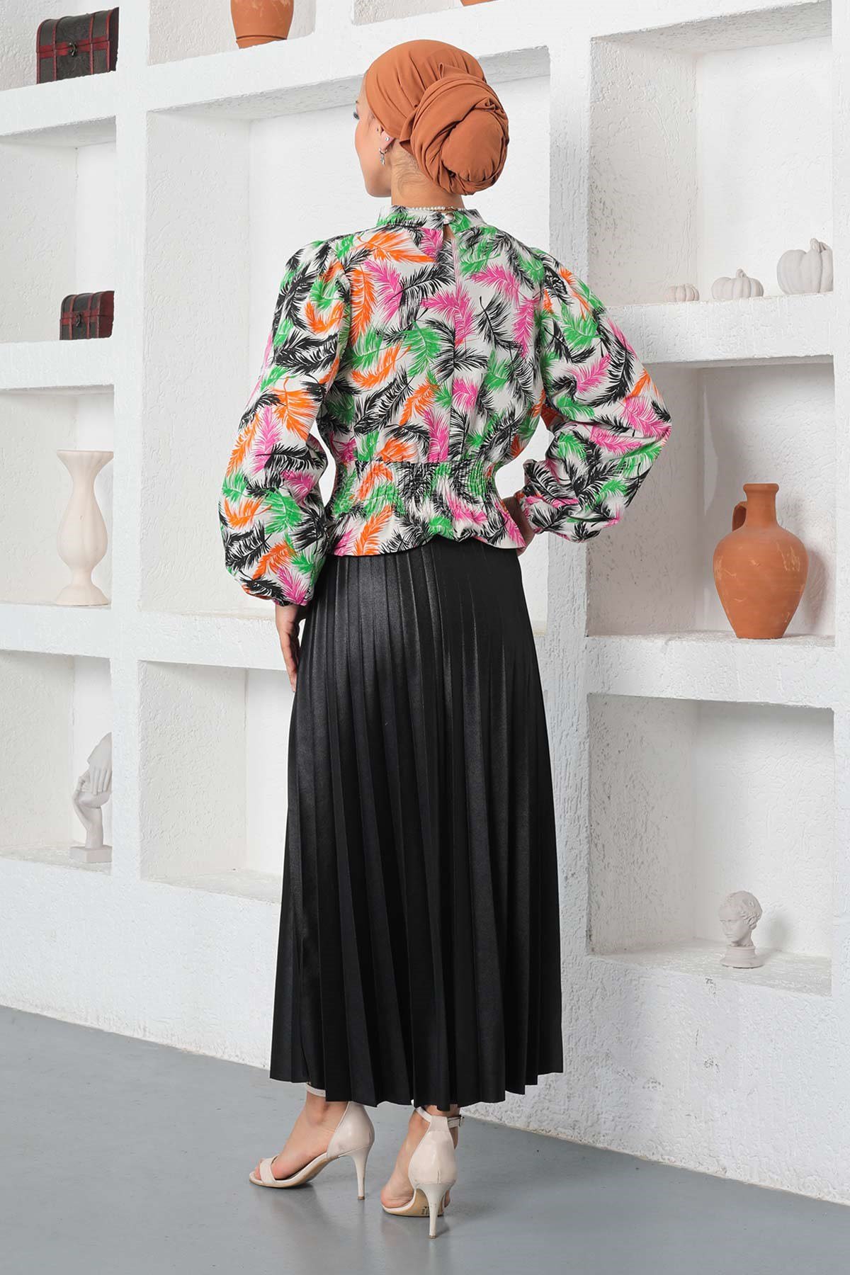 Desenli Lastikli Bluz Siyah 19800