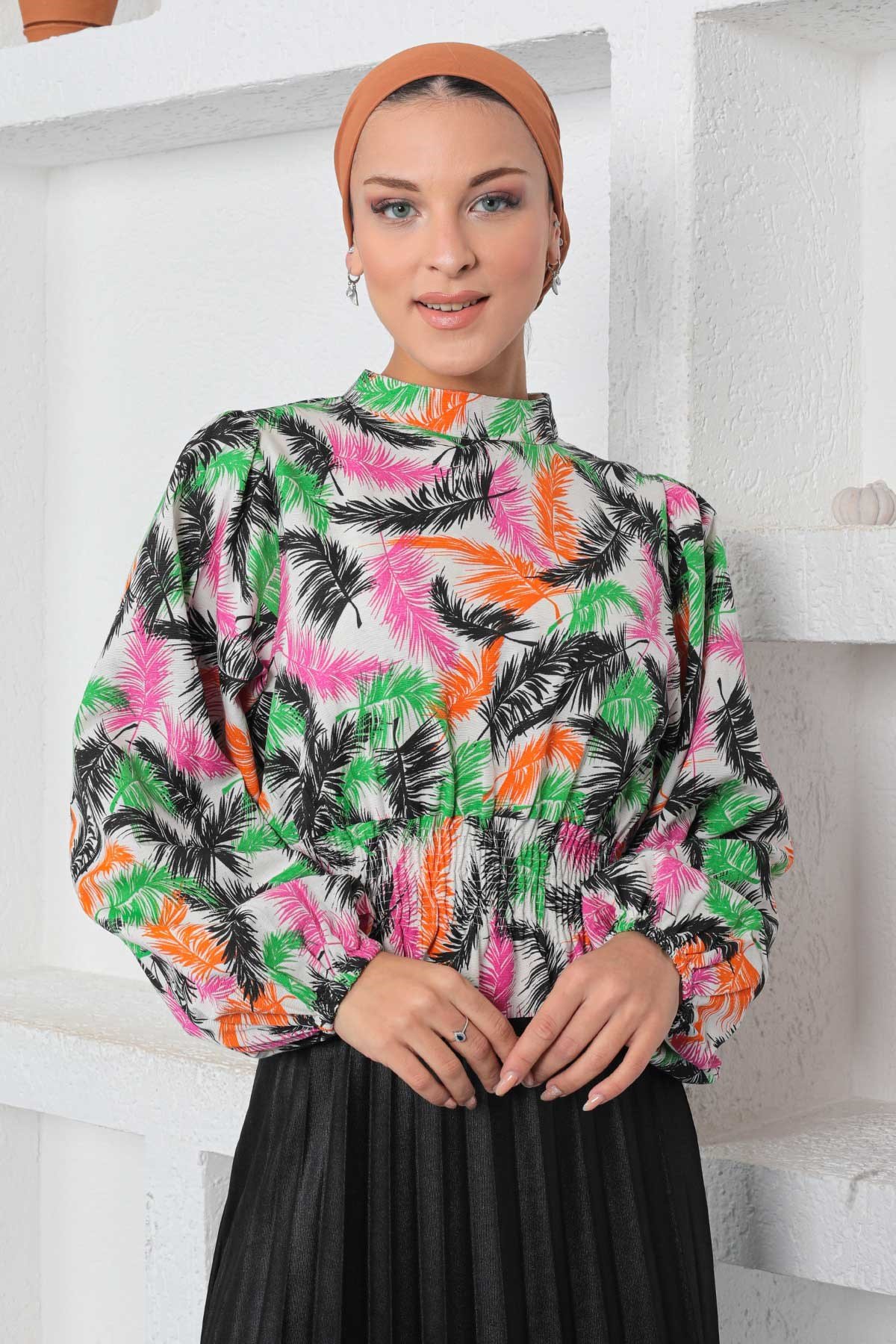 Desenli Lastikli Bluz Siyah 19800