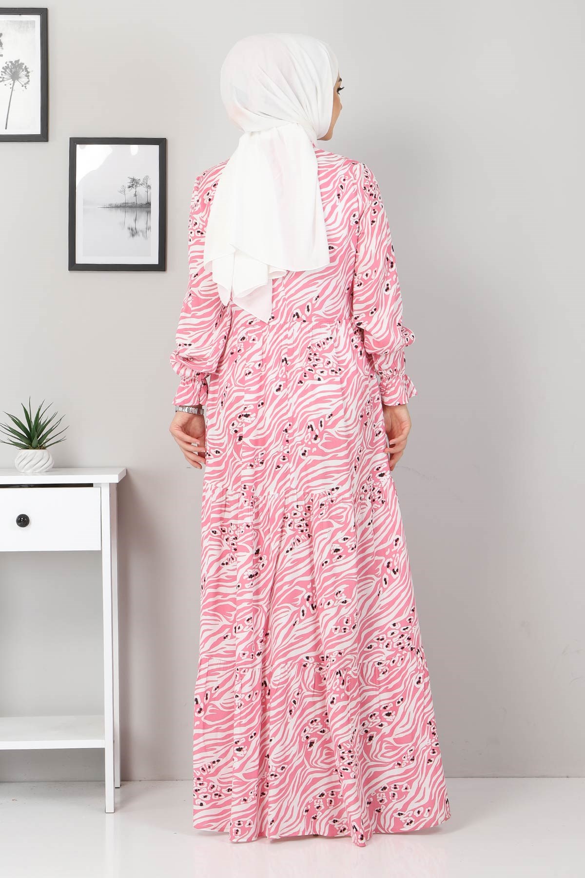 Desenli Pileli Tesettür Elbise Pembe 9927