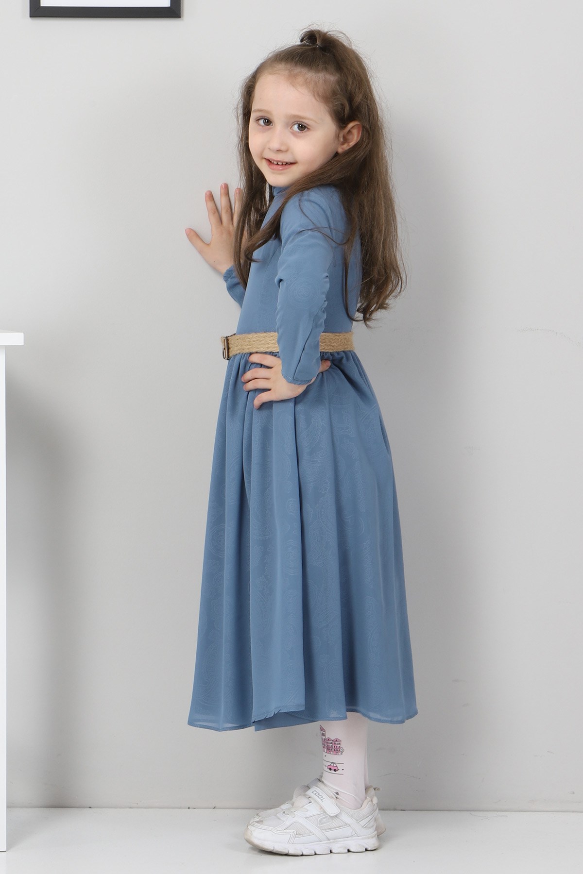 Desenli Şifon Çocuk Elbise Mavi 10119