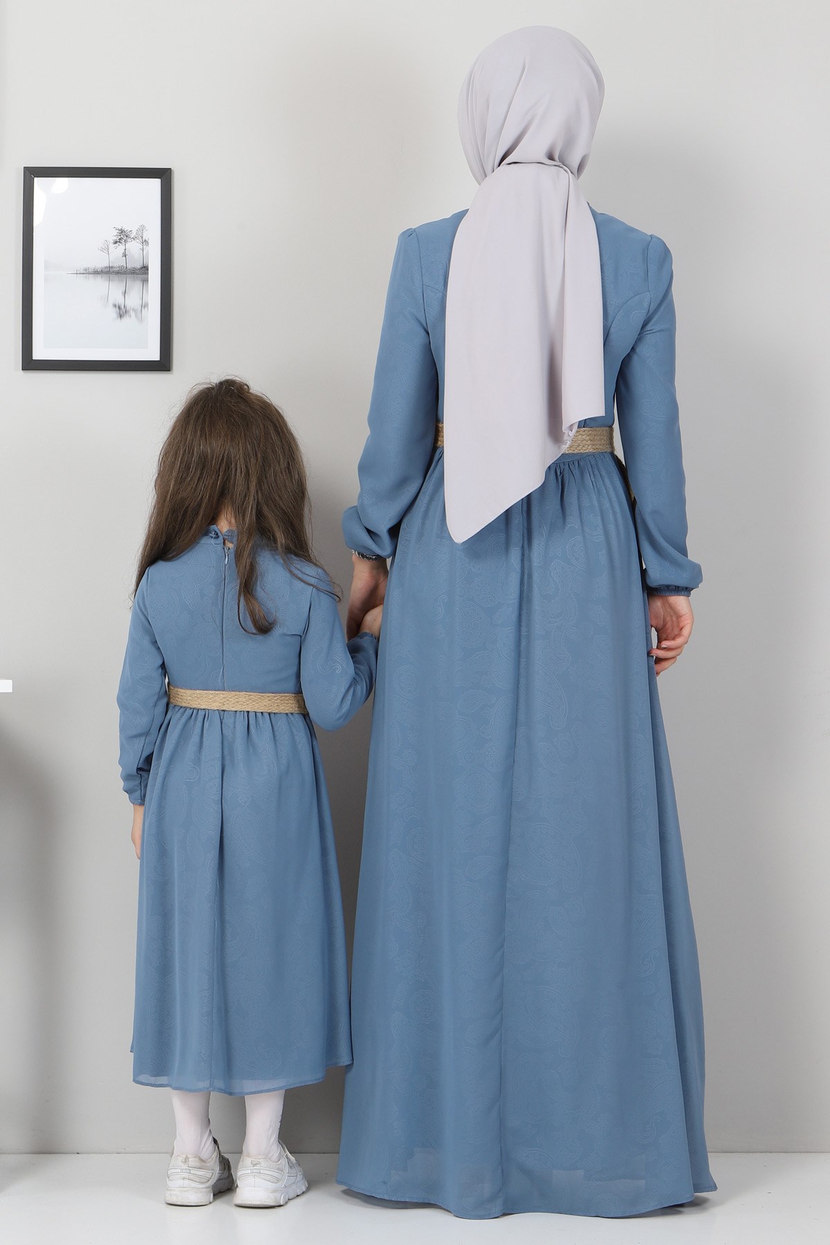 Desenli Şifon Çocuk Elbise Mavi 10119