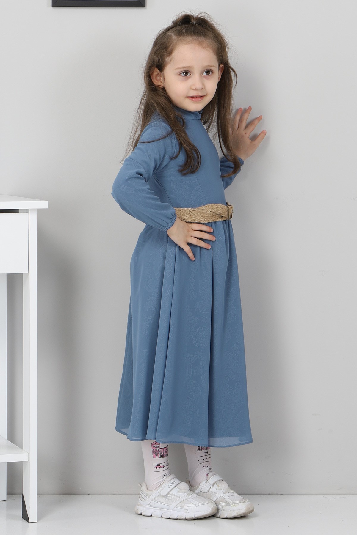 Desenli Şifon Çocuk Elbise Mavi 10119