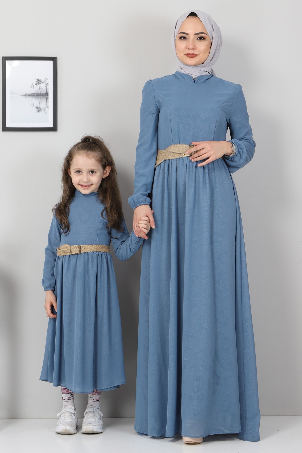 Desenli Şifon Çocuk Elbise Mavi 10119