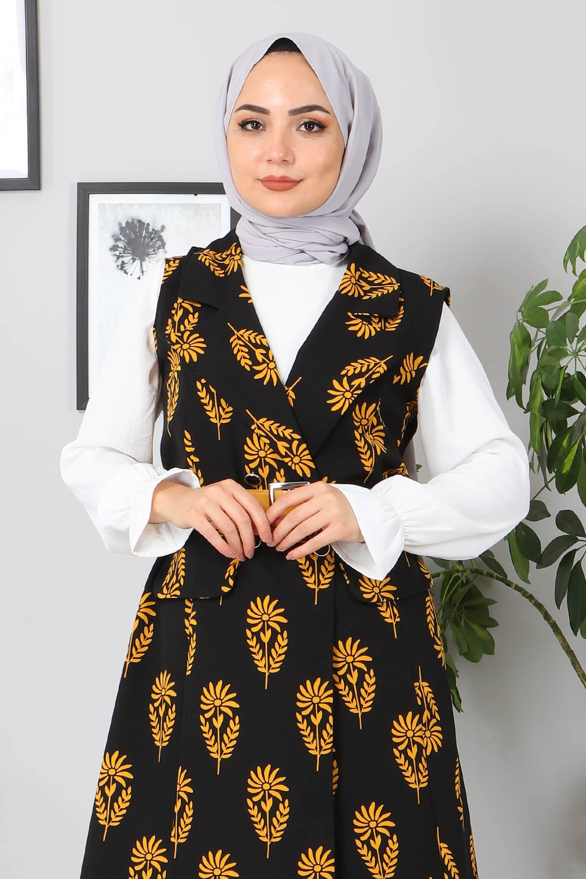 Desenli Tesettür Ceket Sarı 10715