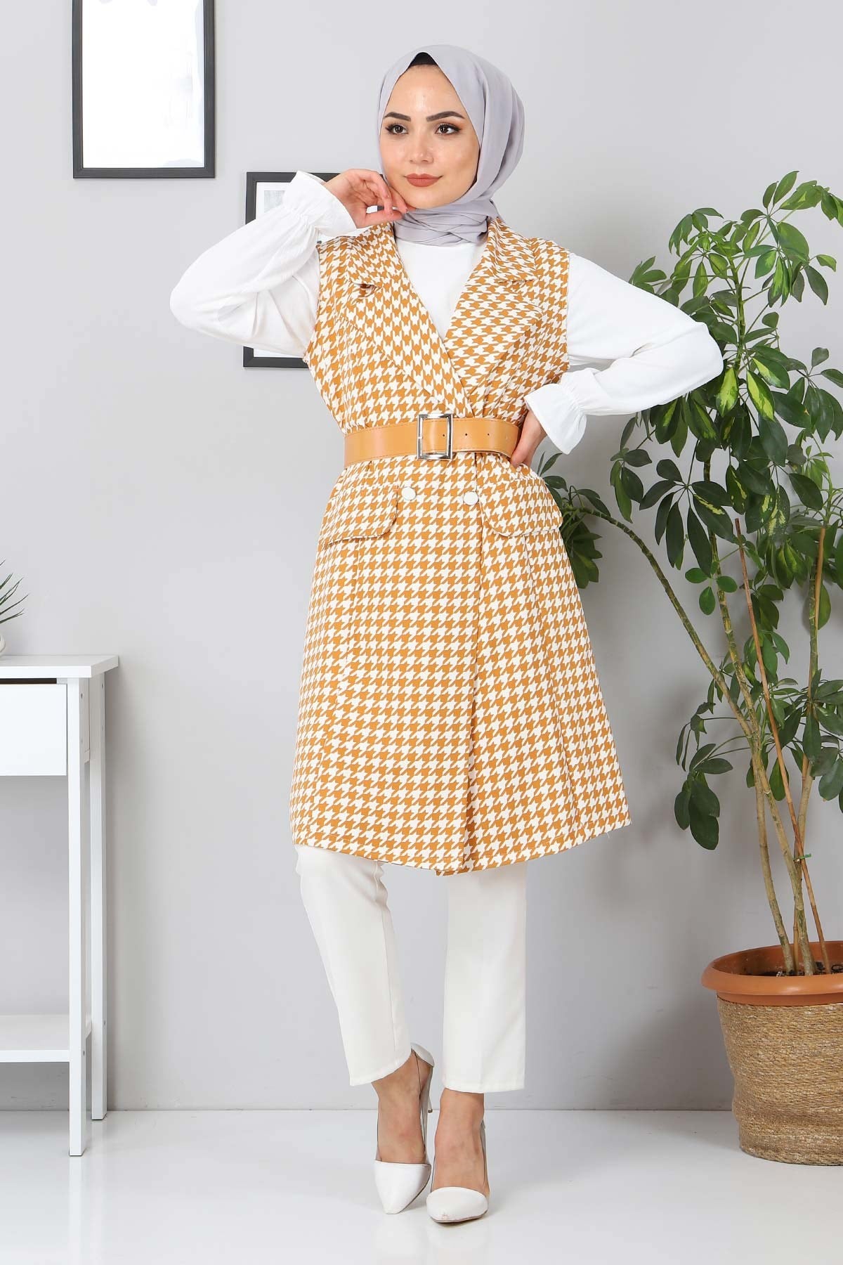 Desenli Tesettür Ceket Taba 10715