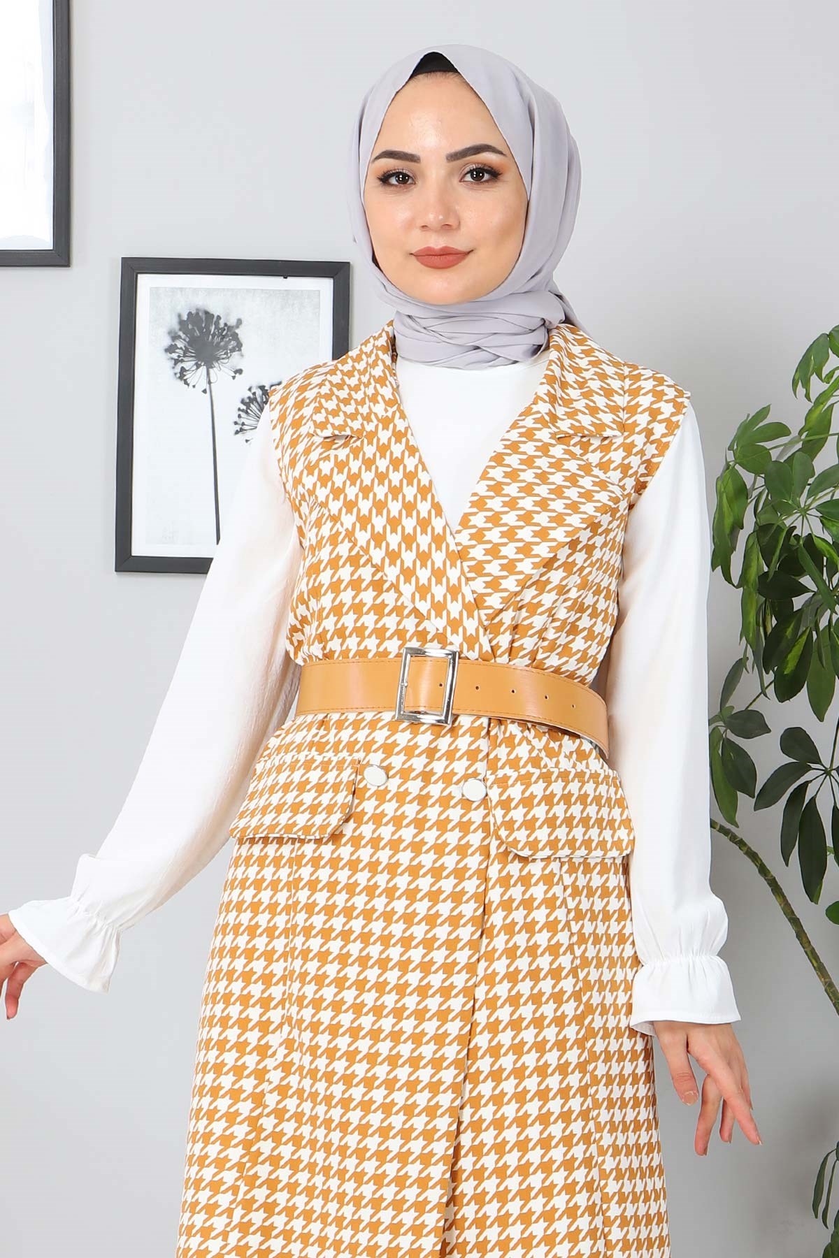 Desenli Tesettür Ceket Taba 10715