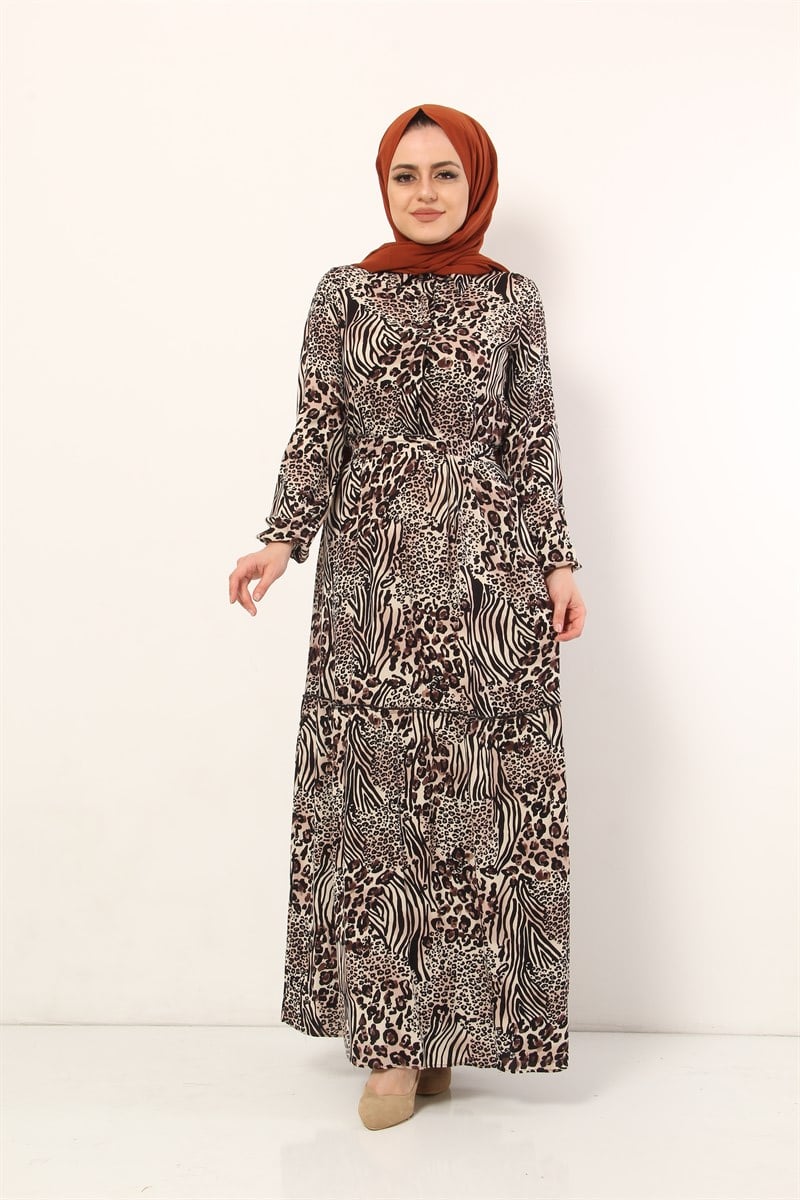 Desenli Tesettür Elbise Leopar Vizon 10129-2