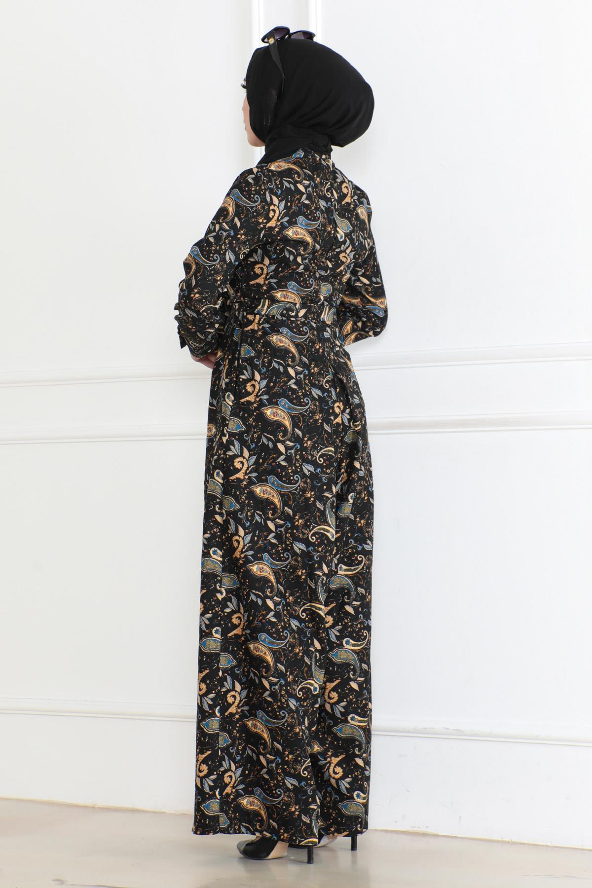 Desenli Tesettür Tulum Elbise Siyah 6112