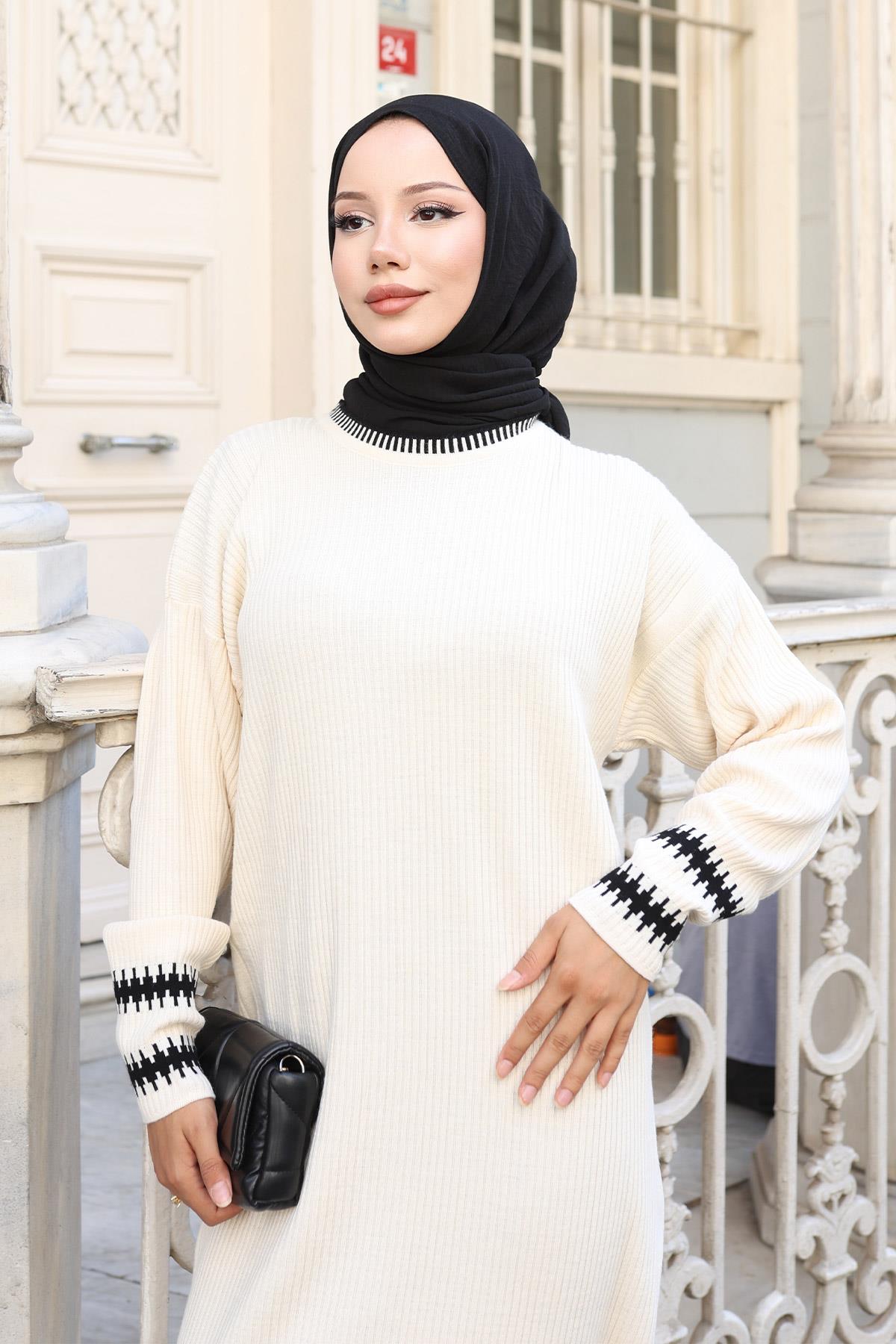 Desenli Triko Elbise Beyaz 6149