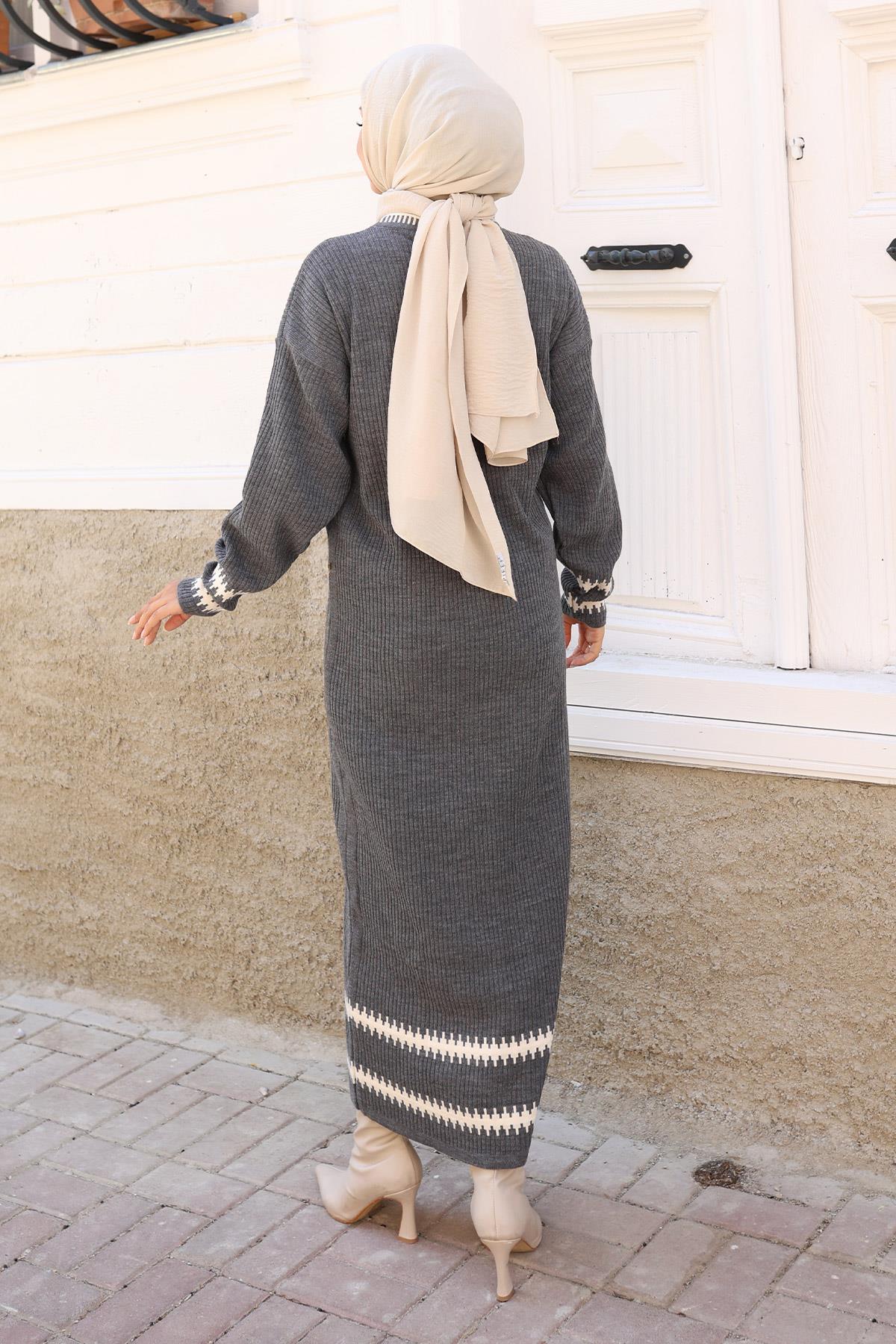 Desenli Triko Elbise Gri 6149
