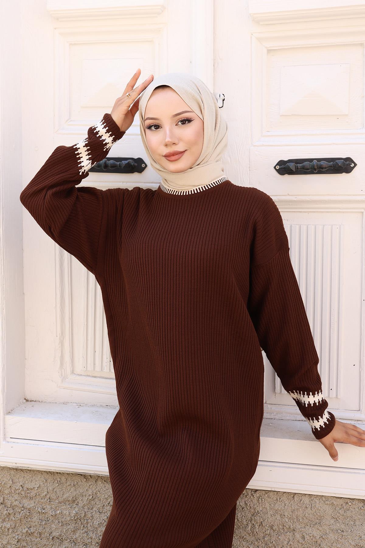 Desenli Triko Elbise Kahverengi 6149