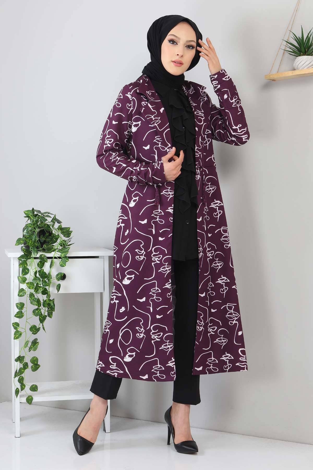 Desenli Üçlü Takım Mor 3155