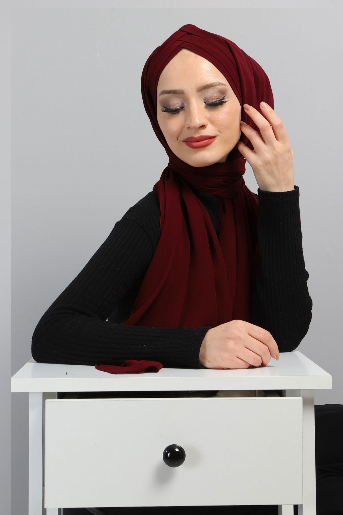 Drapeli Şifon Şal Bordo 3013