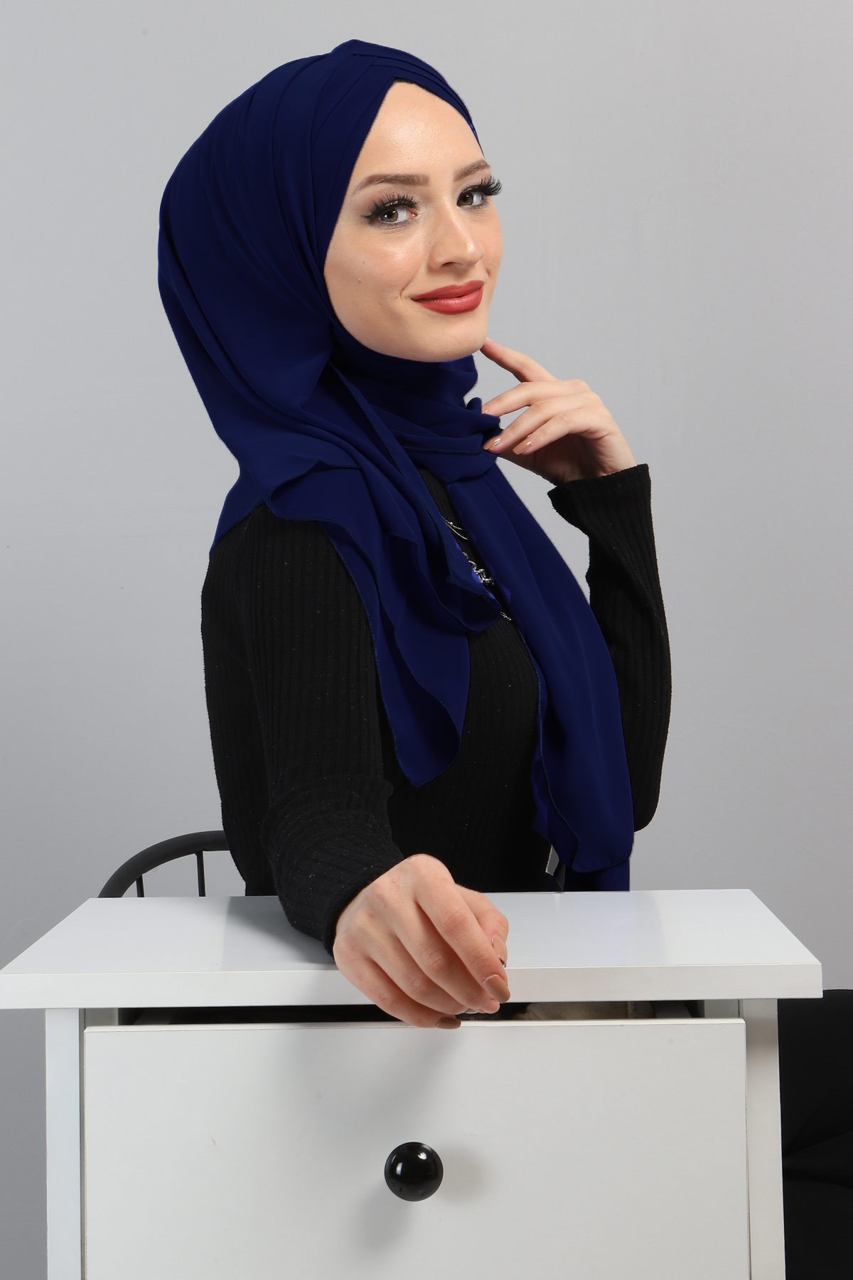 Drapeli Şifon Şal Saks 3013